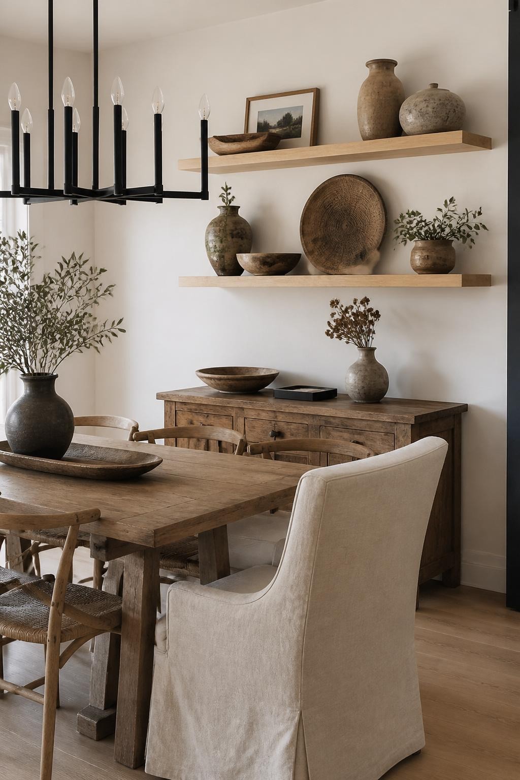 With an organic modern flair, this dining room is centered around natural wood floating shelves artfully styled with sculptural clay vessels.