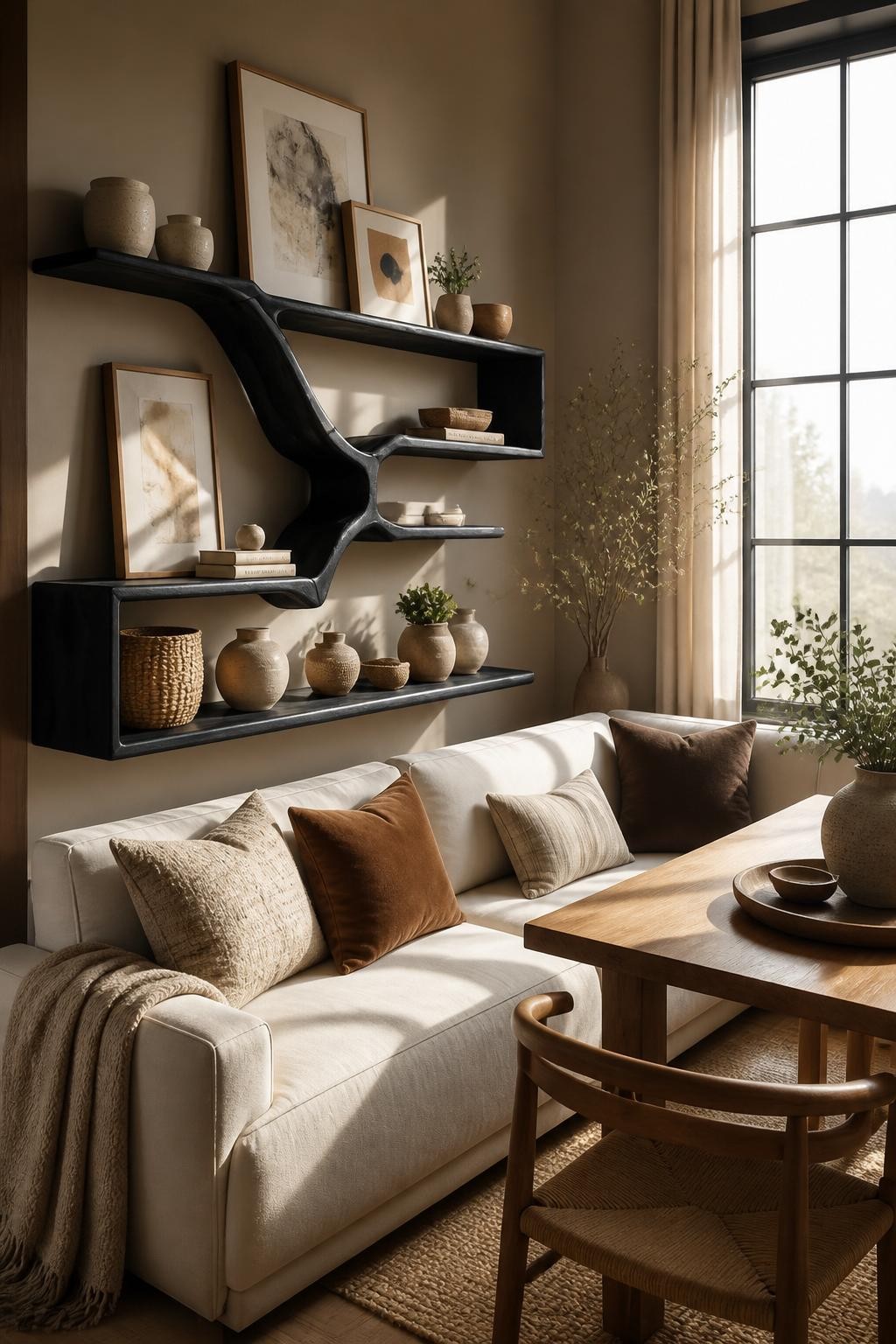 A curated organic modern living room features black floating shelves with a unique sculptural middle support, commanding attention above a l.