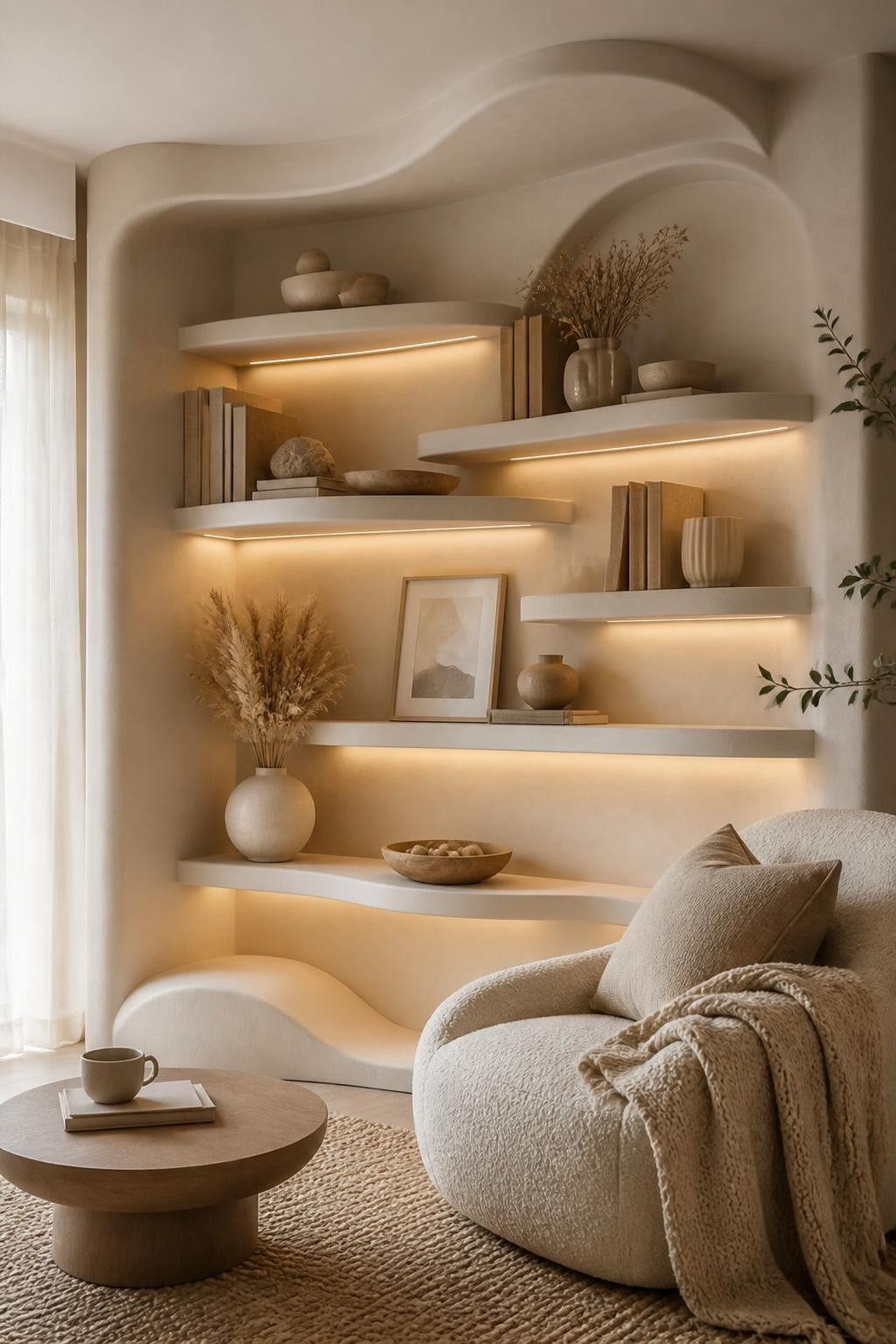 Capture a tranquil reading nook enhanced by softly undulating, built-in floating shelves with smooth matte finishes.