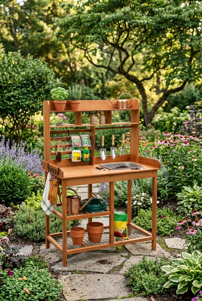 Use the uploaded OOOK Potting Bench with Removable Sink exactly as the reference product, preserving its honey-brown wood frame, metal mesh.