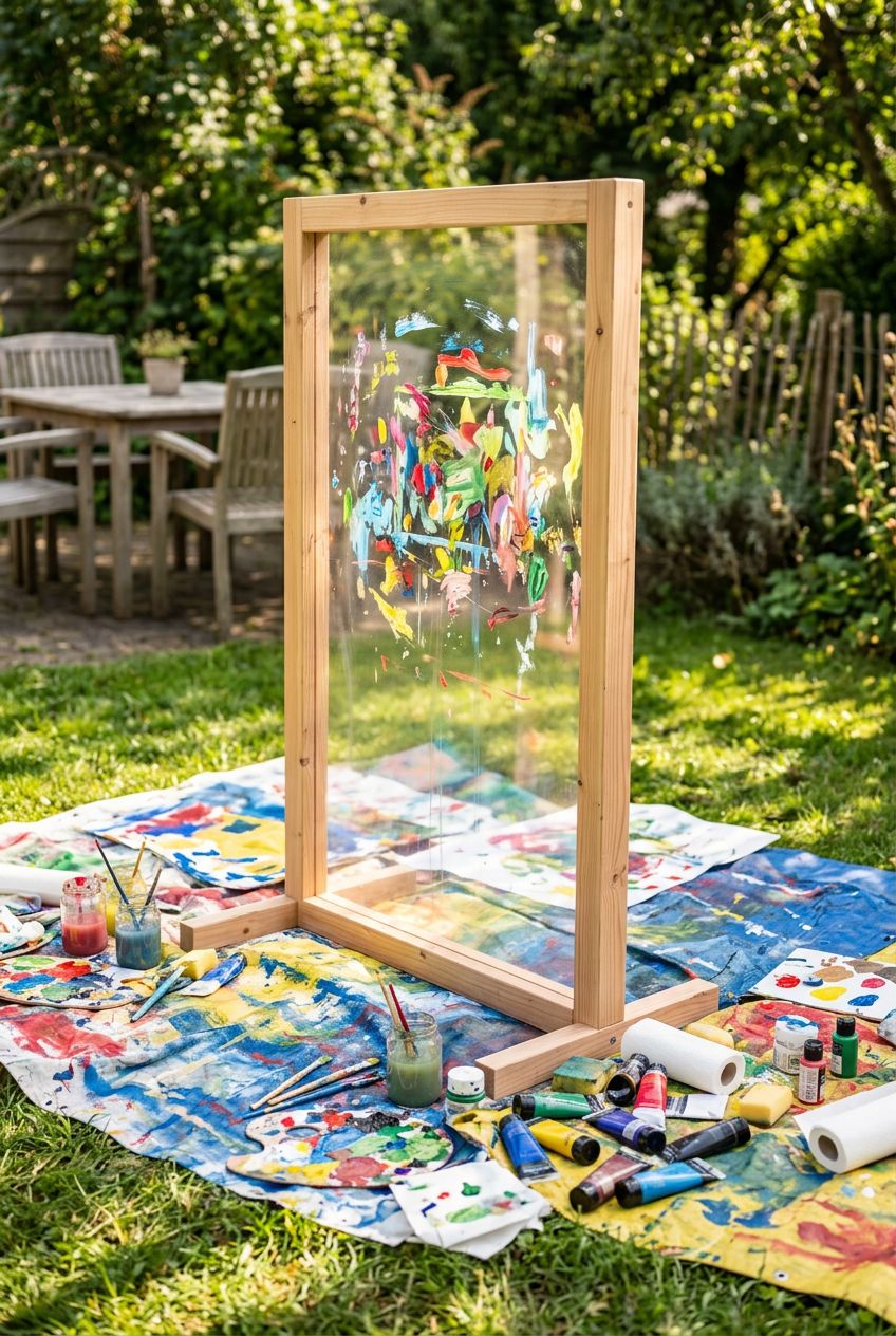 Feature an outdoor DIY art zone with a clear, freestanding acrylic painting stand set in the grass.