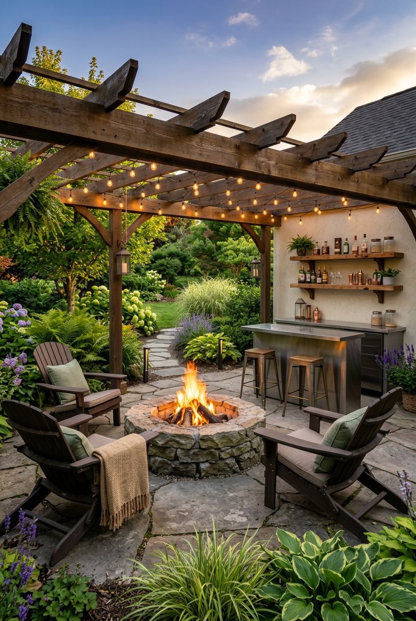 Illustrate a luxurious pergola retreat designed for social entertaining, with a robust timber pergola strung with market lights over a circu.
