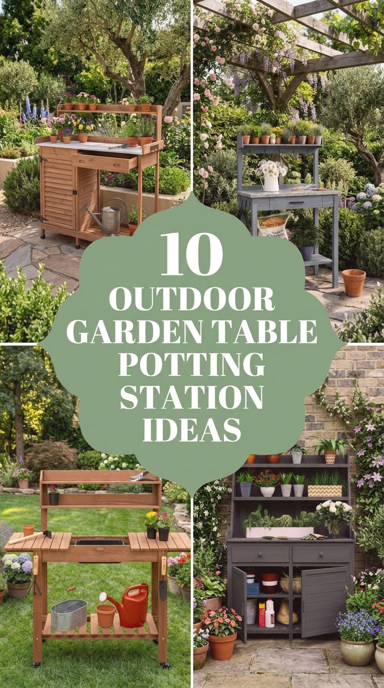 Pinterest banner for 10 Outdoor Garden Table Potting Station Ideas for a Gorgeous Yard