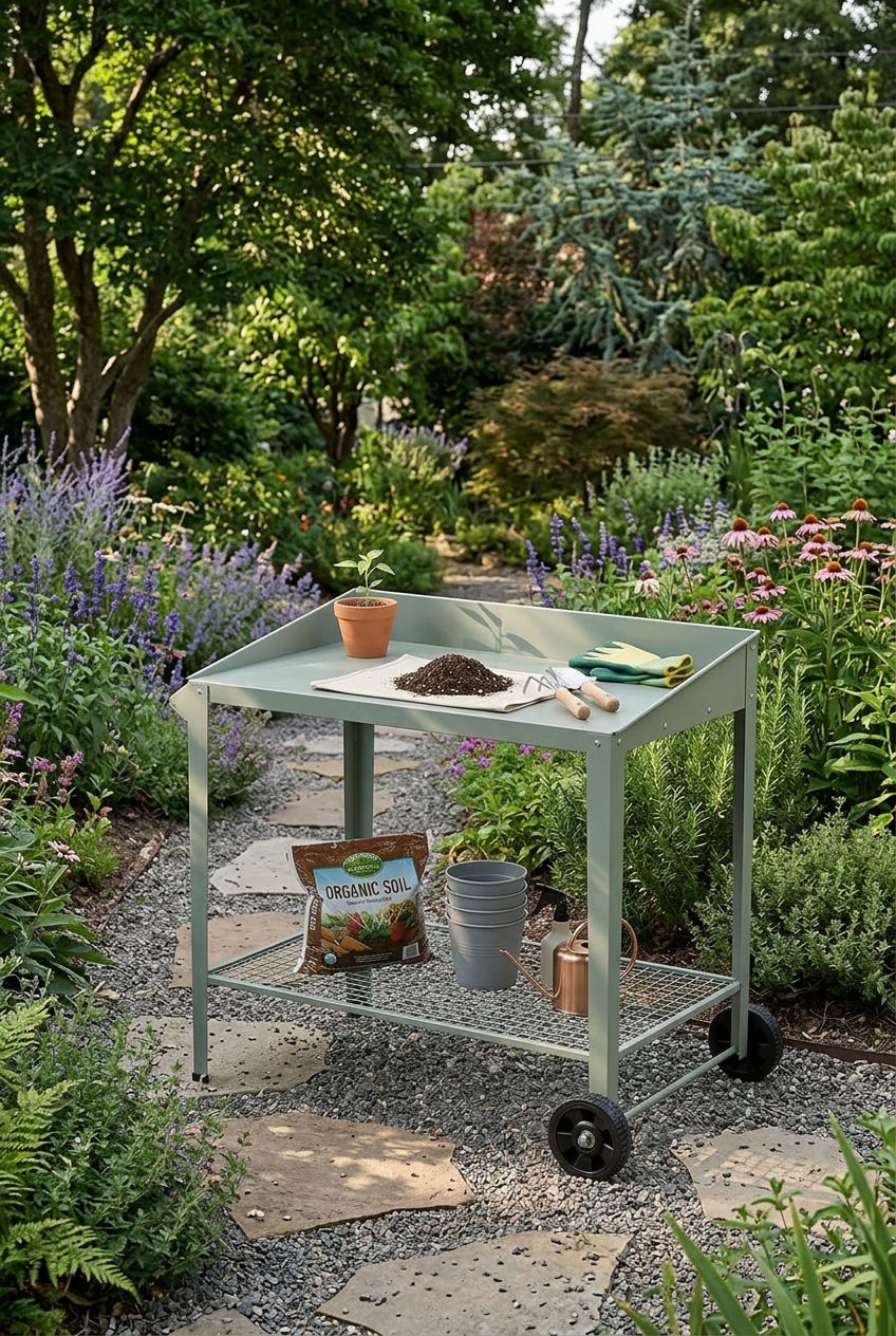 Use the uploaded Outdoor Metal Potting Bench with Wheels exactly as the reference product, keeping its sage green metal color, mesh shelf, t.