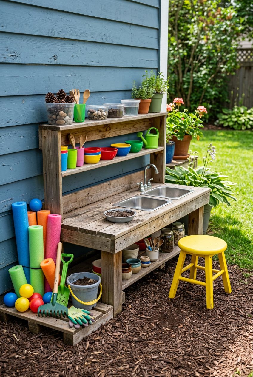 A charming mud kitchen setup is nestled against a painted blue siding wall, featuring a rustic wooden bench with dual metal sink basins, ope.