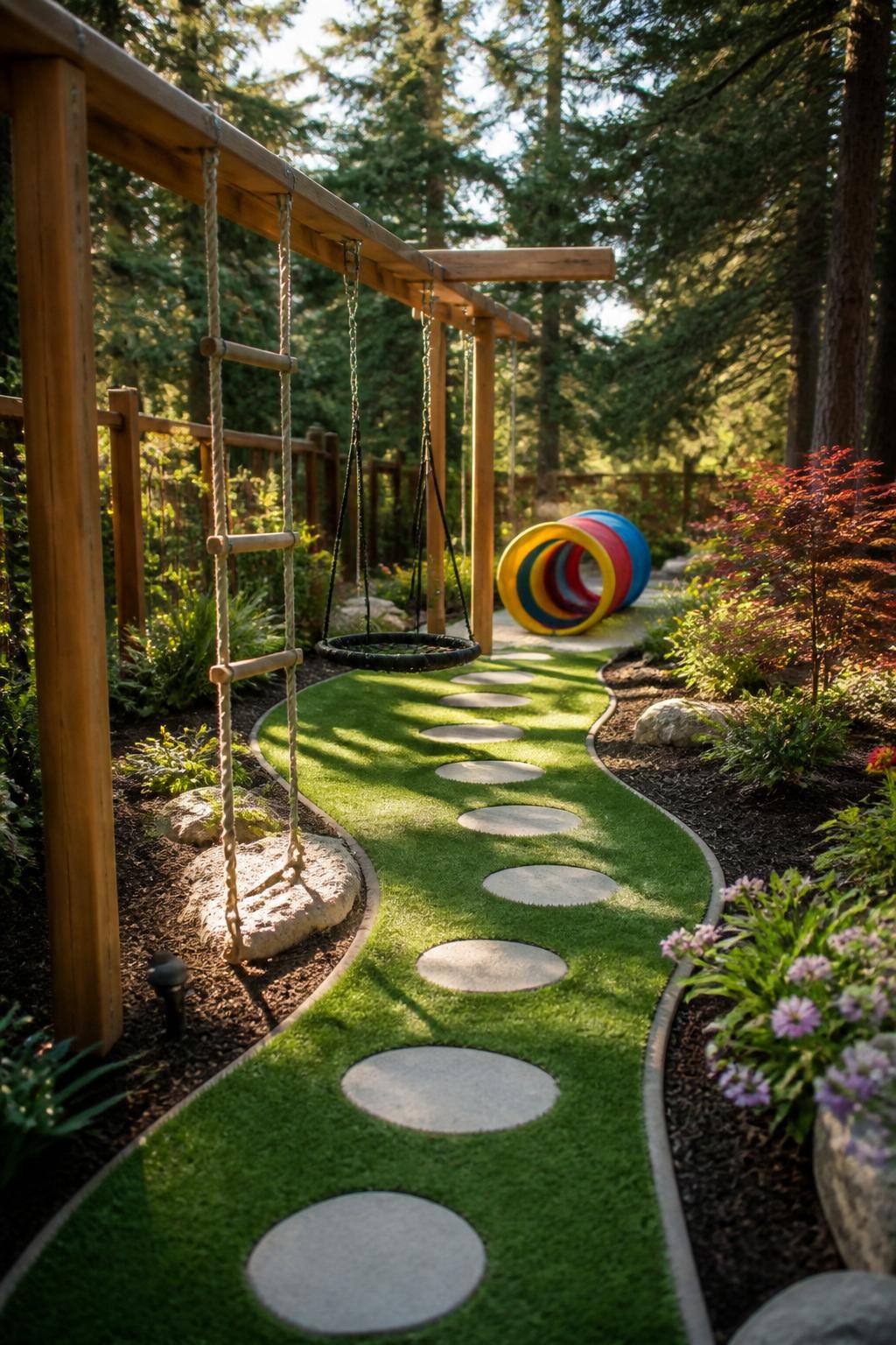 An energetic backyard play trail peppered with sensory and physical activities, featuring a winding turf pathway with embedded stone steppin.