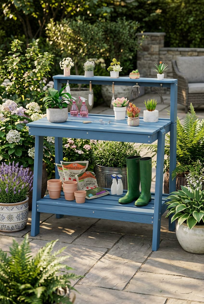Use the uploaded SERWALL Potting Bench Outdoor with Storage exactly as the reference product, preserving its wood and black metal finish, ra.