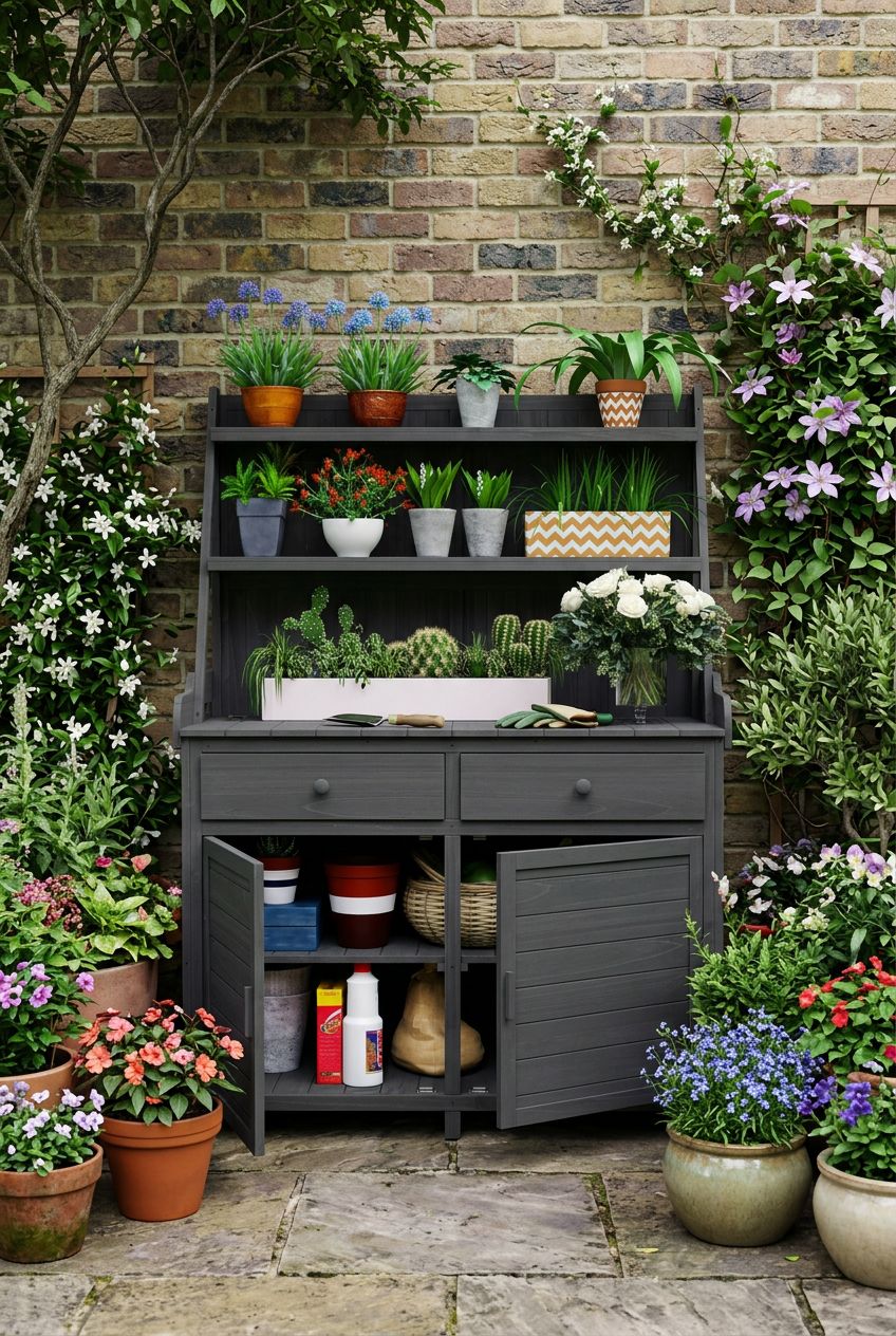 Use the uploaded Outdoor Potting Bench with Storage exactly as the reference product, preserving the deep charcoal wood, double shelf hutch.