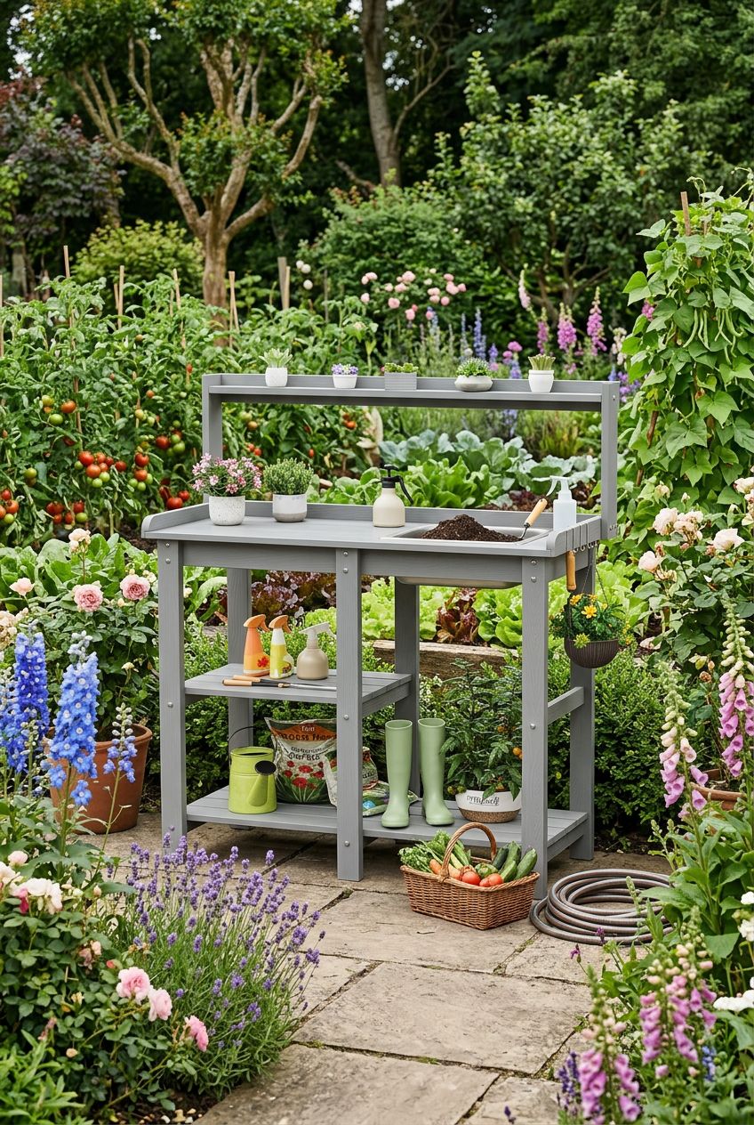 Use the uploaded Outdoor Potting Bench Table with Removable Sink exactly as the reference product, preserving its solid gray wooden frame, r.
