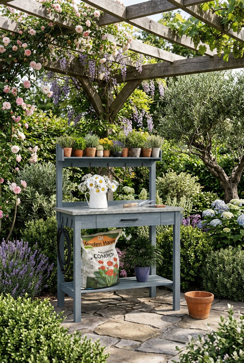 Use the uploaded Outdoor Potting Bench Table with Metal Tabletop exactly as the reference product, preserving the blue-grey wood, galvanized.