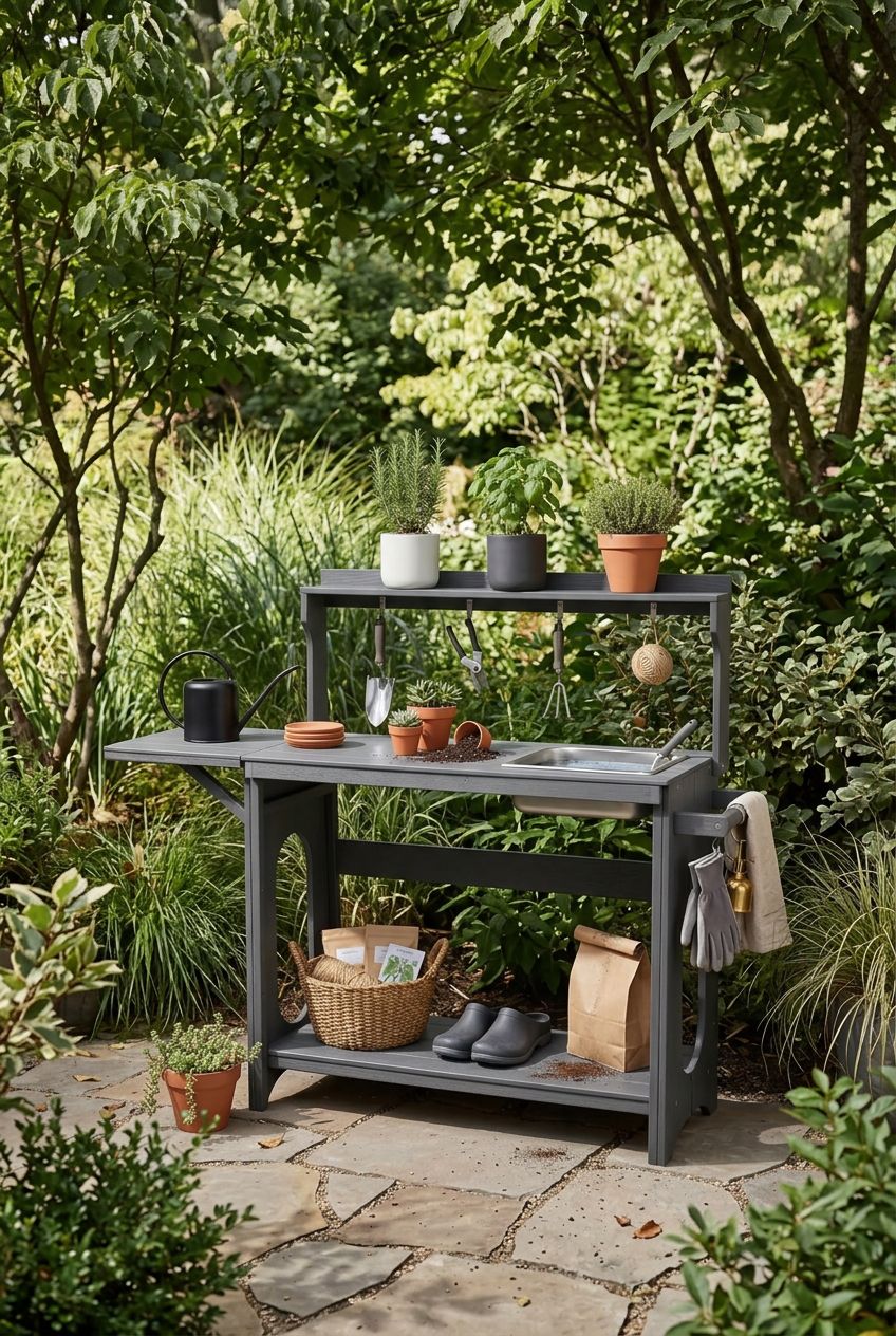 Use the uploaded Outdoor Potting Bench Table with Removable Sink exactly as the reference product, preserving the pale natural wood, shelf.