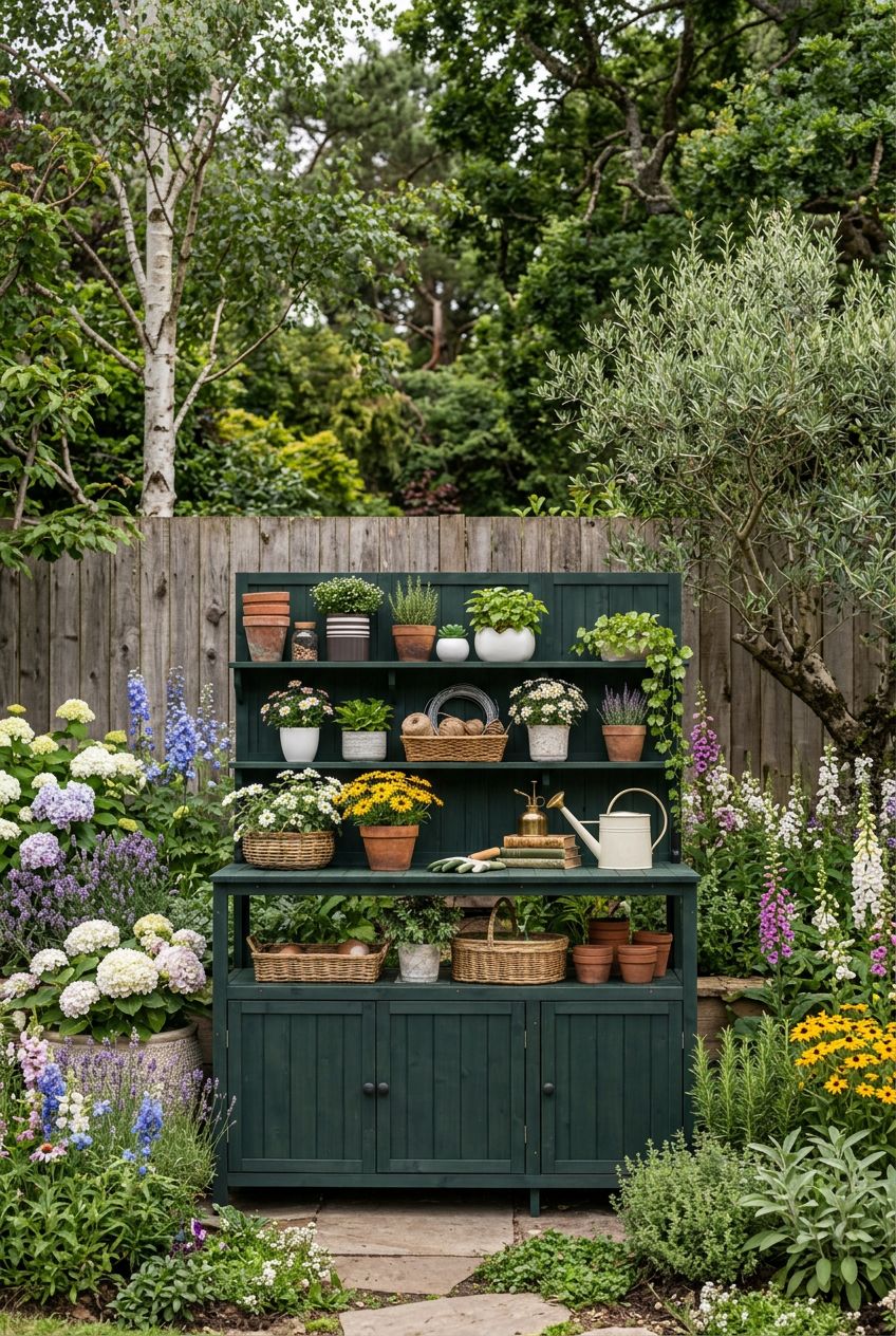 Use the uploaded Outdoor Potting Bench Table with Hutch exactly as the reference product, preserving the tall, deep green storage hutch, thr.