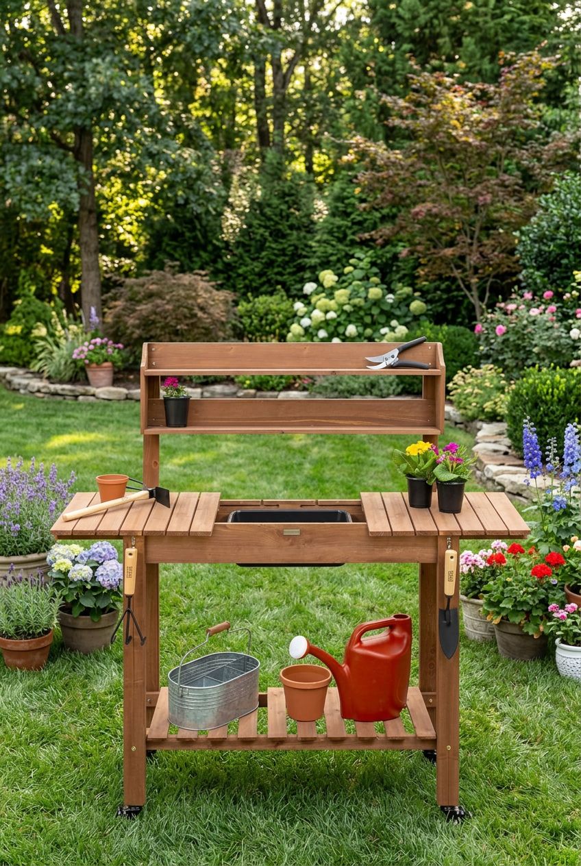 Use the uploaded Outdoor Wood Workstation Table exactly as the reference product, preserving the warm natural wood, rolling casters, slatted.