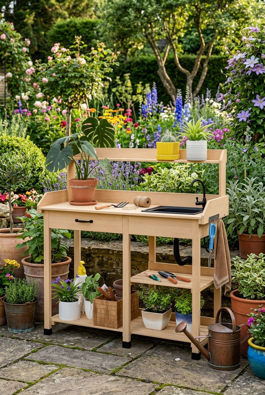 Use the uploaded Outsunny Potting Bench Table exactly as the reference product, preserving its natural wood finish, high back with shelving.