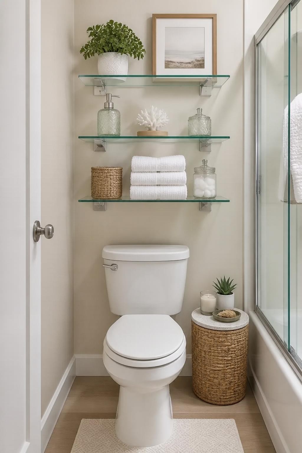 A beautifully styled over-the-toilet shelving solution in a compact powder room, utilizing three floating glass shelves to maximize vertical.
