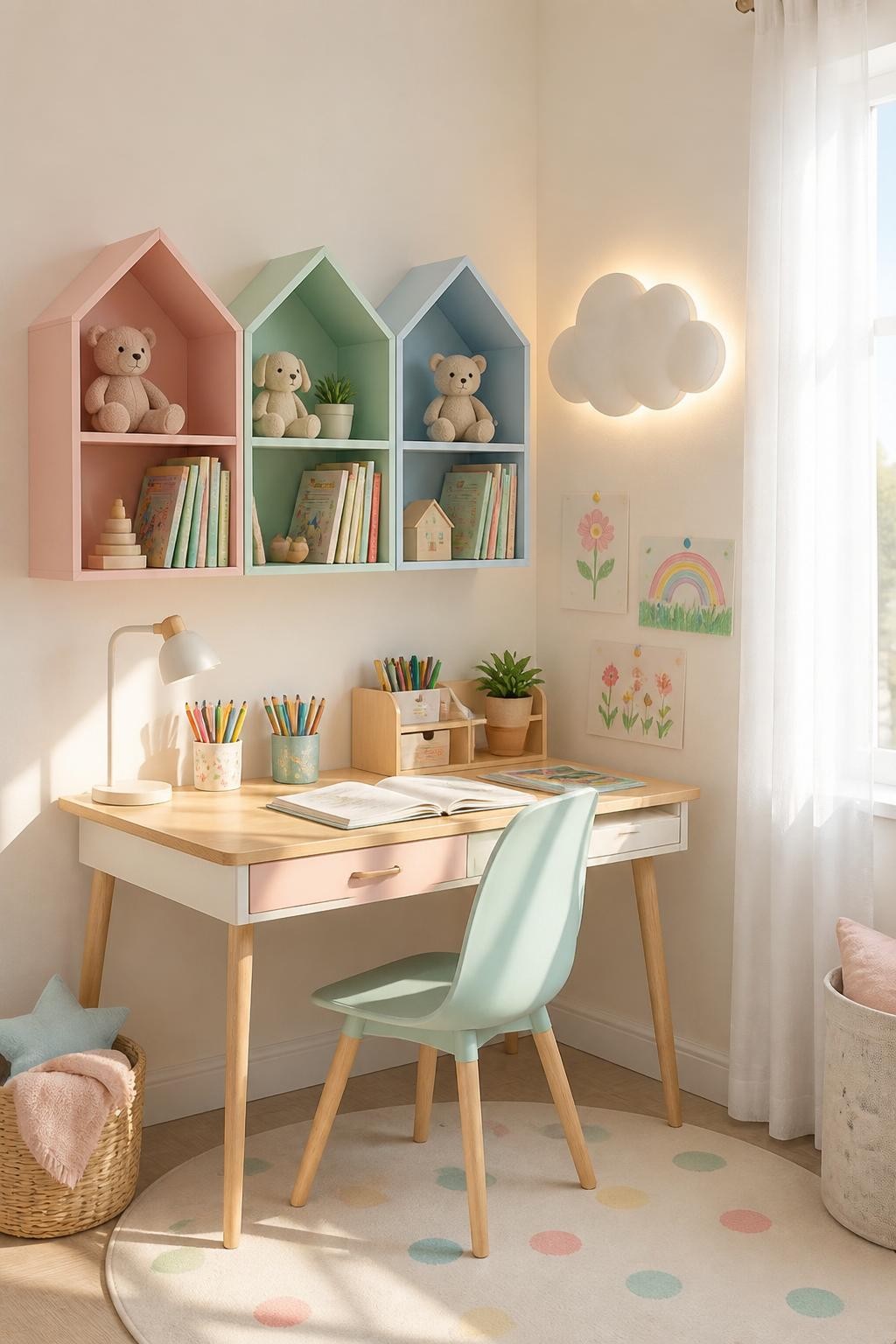 A pastel-themed kids’ study corner featuring charming house-shaped floating wall shelves in shades of pink, mint, and powder blue.