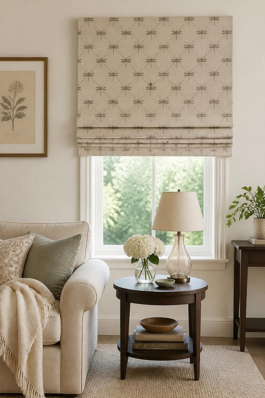 An inviting nook with a small window covered by a tailored beige Roman blind featuring a subtle graphic pattern.