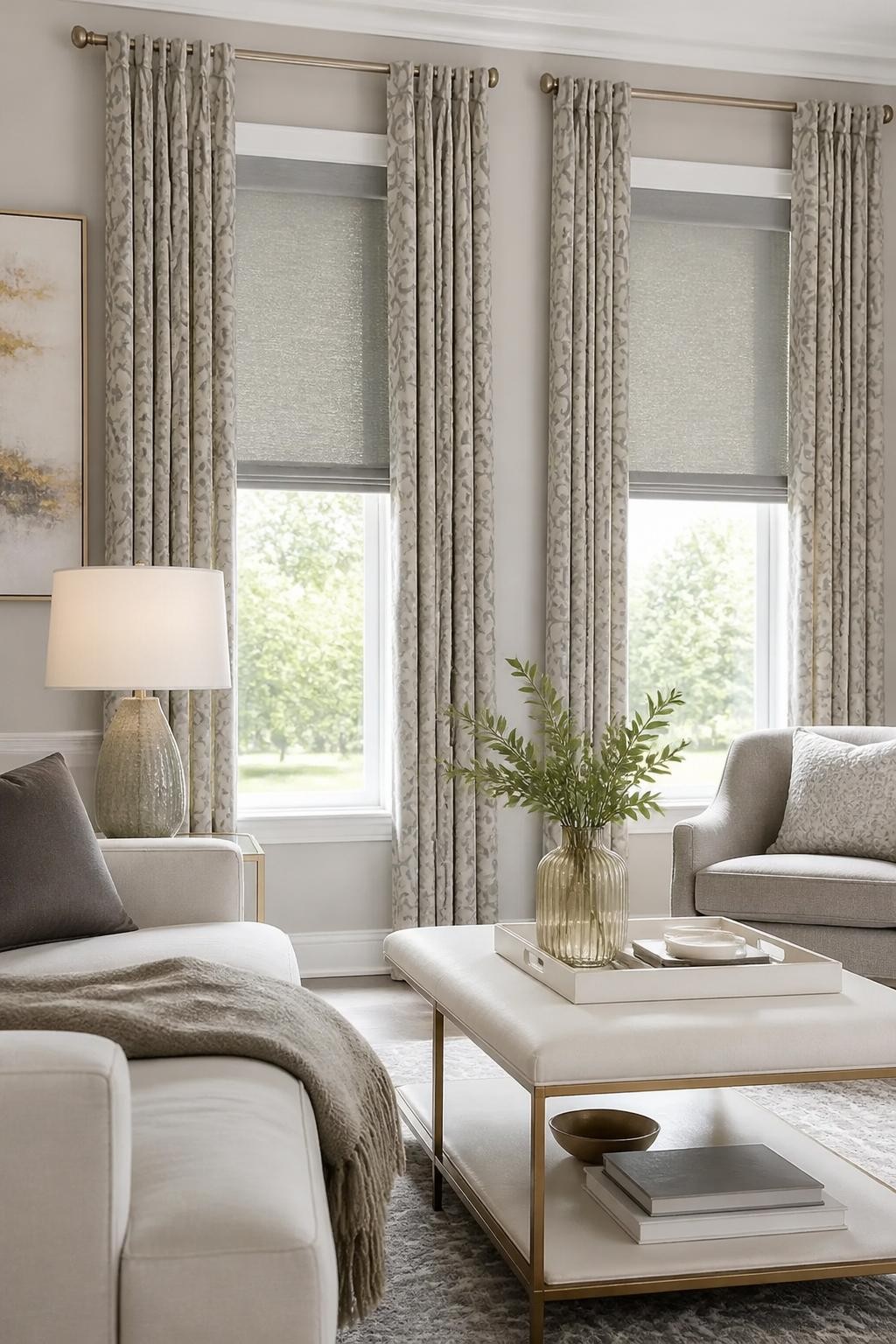 This cozy conversational nook features double windows adorned with intricate patterned drapes in greige and dove gray, paired with smooth, l.