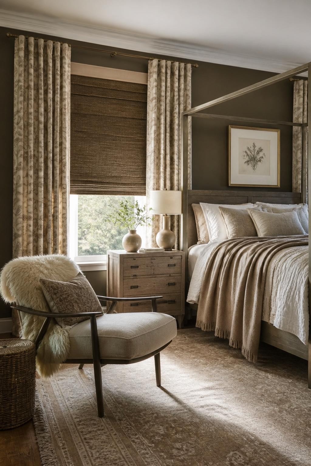 Luxe, bohemian-inspired sophistication defines this spacious bedroom with rich textured brown Roman blinds, paired with full-length paisley.