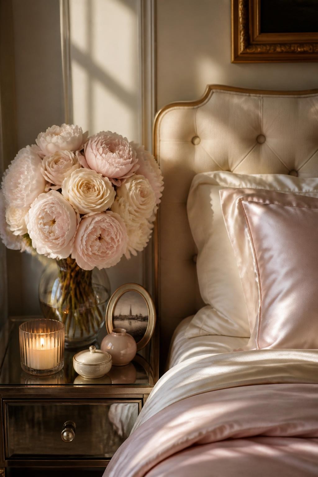 A glamorous yet cozy nightstand vignette featuring a dramatic bouquet of pale blush peonies and cream roses in a clear vase.