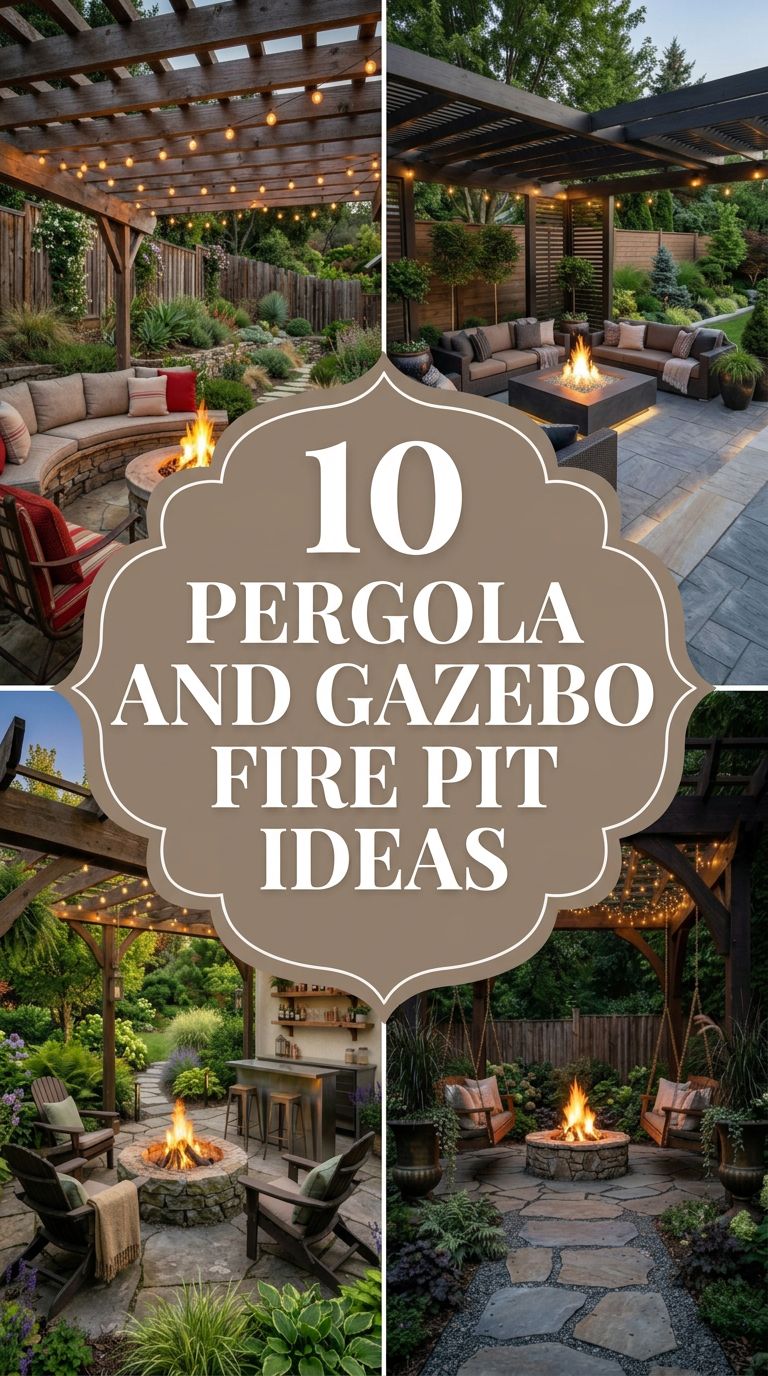 Pinterest banner for 10 Pergola and Gazebo Fire Pit Ideas for Magical Evenings