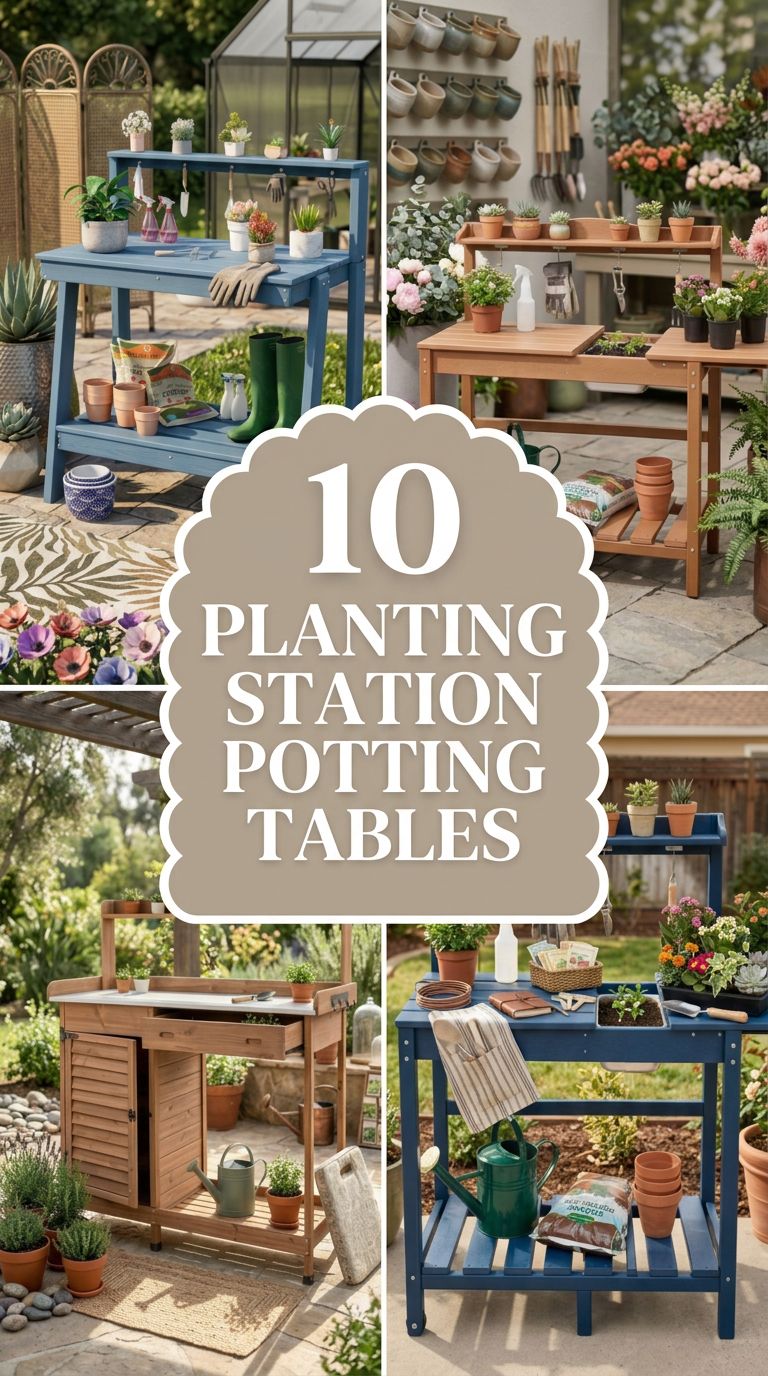 Pinterest banner for 10 Planting Station Potting Tables Ideas for Fashionable Outdoor Spaces