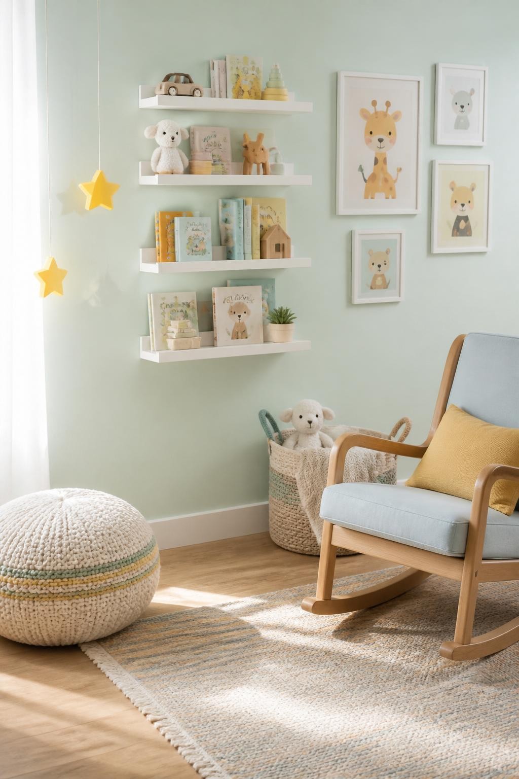 A pastel-themed nursery filled with joyful energy, showcasing four crisp white floating shelves against a soft mint wall, each shelf neatly.