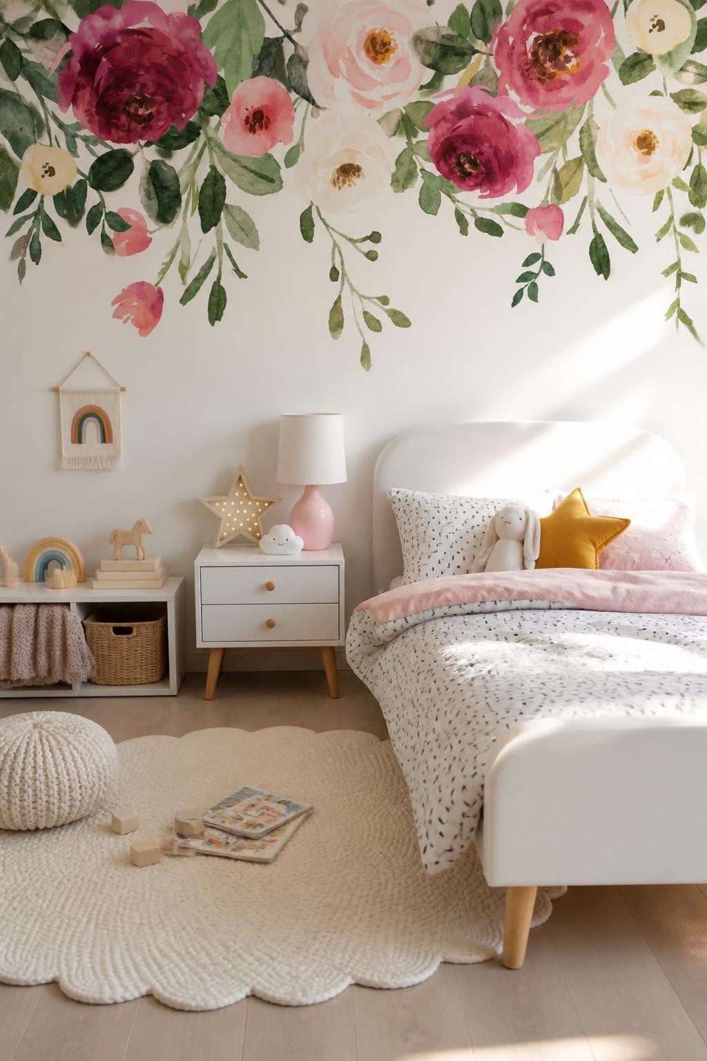 A playful kids’ bedroom where a watercolor mural of bright magenta and blush flowers trails along the wall above a simple white bed.