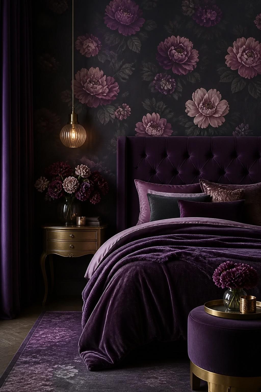 A richly layered bedroom where deep plum and lilac floral wallpaper creates an enveloping, moody botanical cocoon behind a plum velvet tufte.