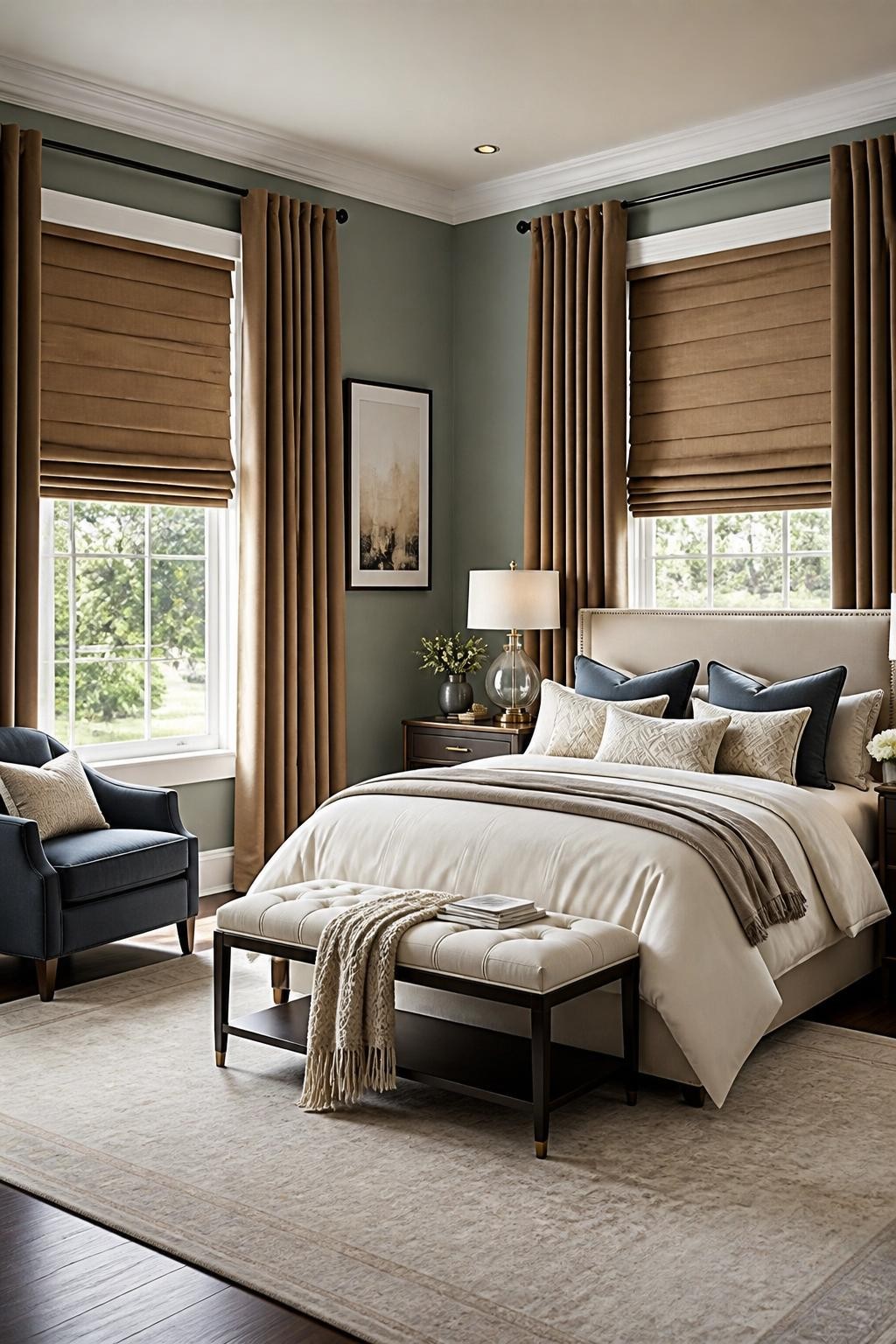This plush bedroom retreat draws the eye with two grand windows dressed in luxurious camel brown Roman blinds, layered beneath full-length m.