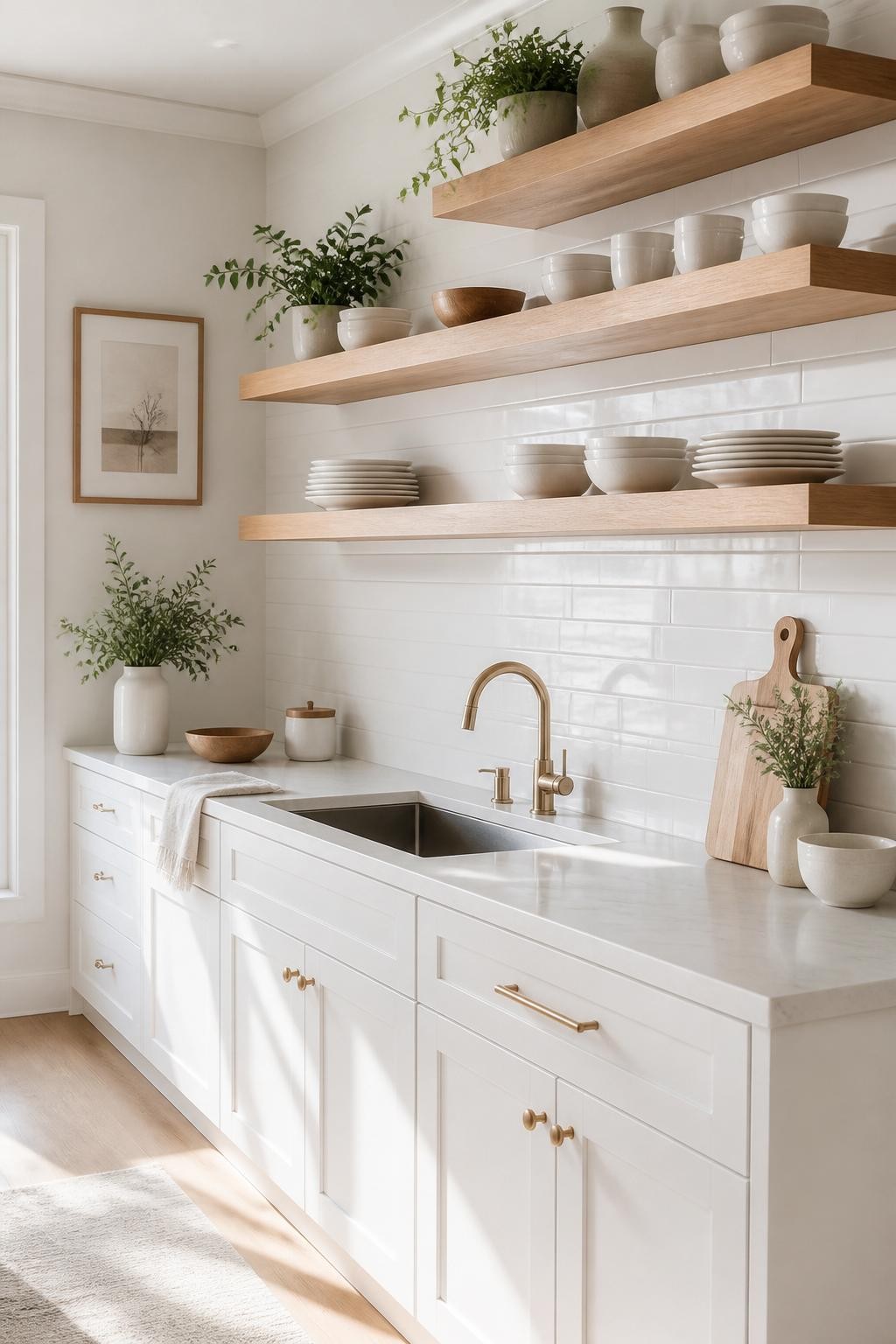 Sleek, contemporary white kitchen where thick white oak floating shelves create ordered horizontal lines above an expanse of white cabinetry.