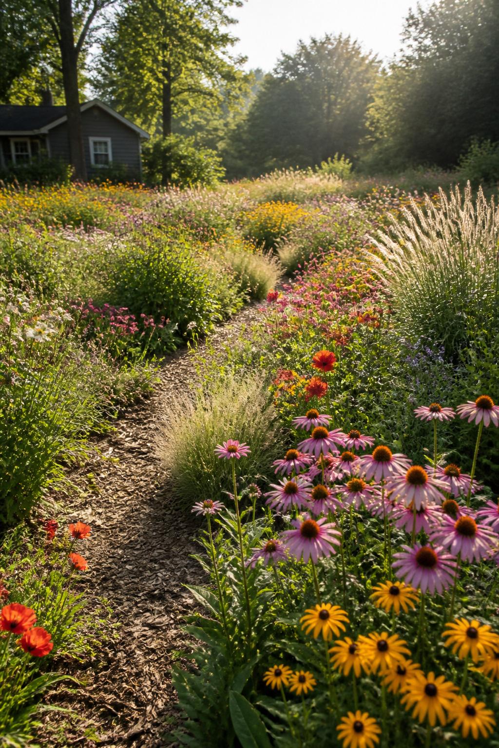 Design a vibrant pollinator meadow replacing traditional lawn over a septic drain field.