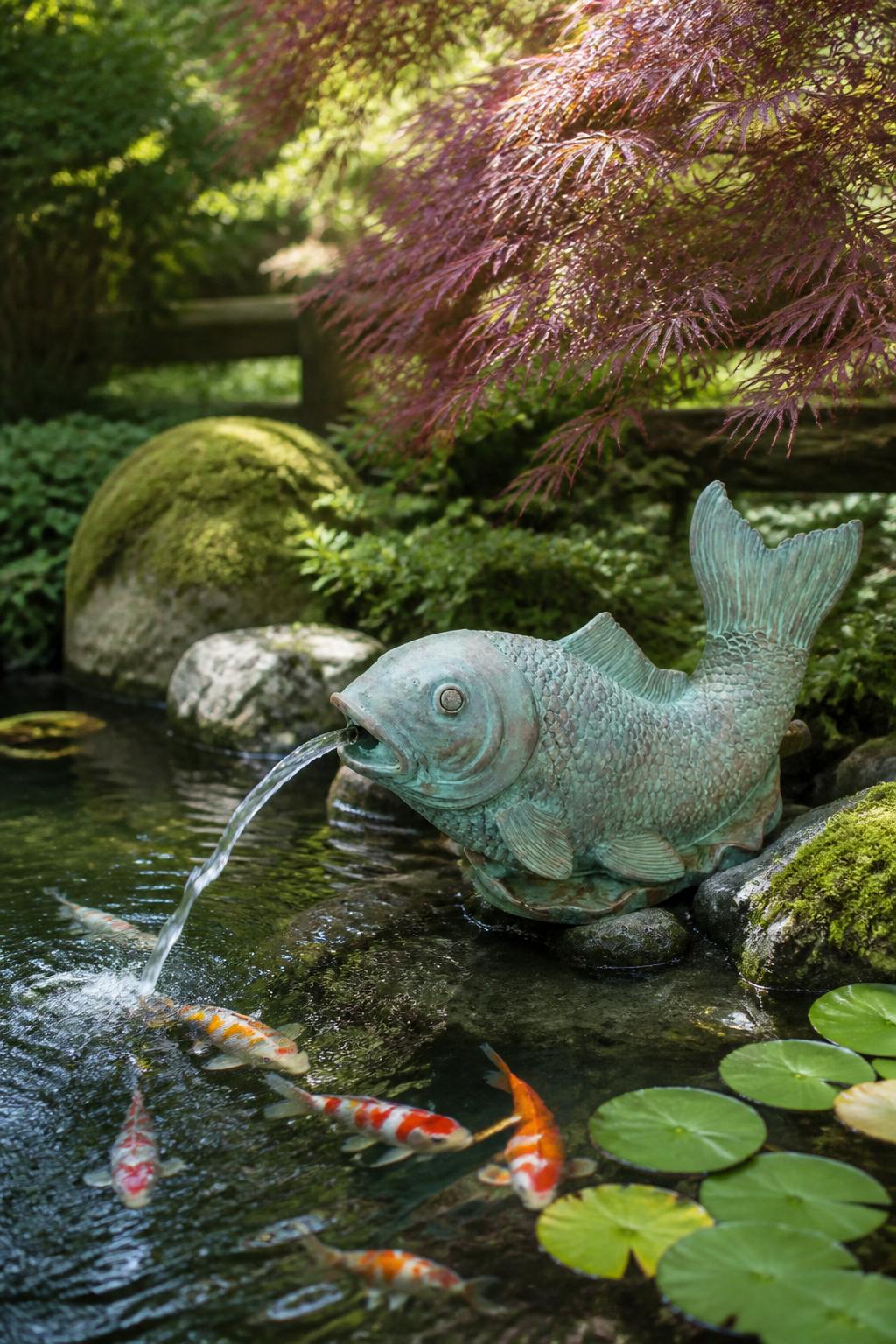 Use the uploaded Pondmaster Spouting Fish Statue exactly as the reference product, preserving its unique, detailed fish shape with a patina.