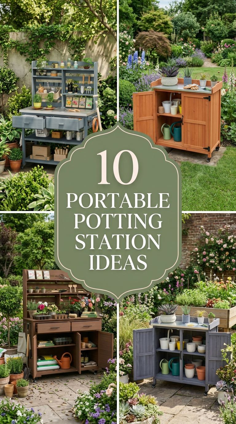 Pinterest banner for 10 Portable Potting Station Ideas for Stylish Garden Organization