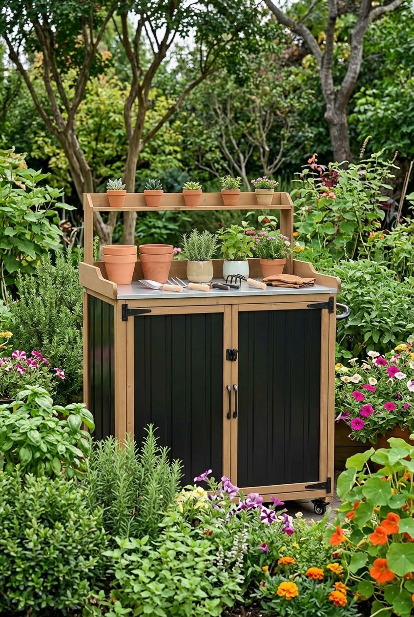 Use the uploaded Potting Bench Table & Outdoor Storage Cabinet exactly as the reference product, highlighting its wood-tone frame, black met.