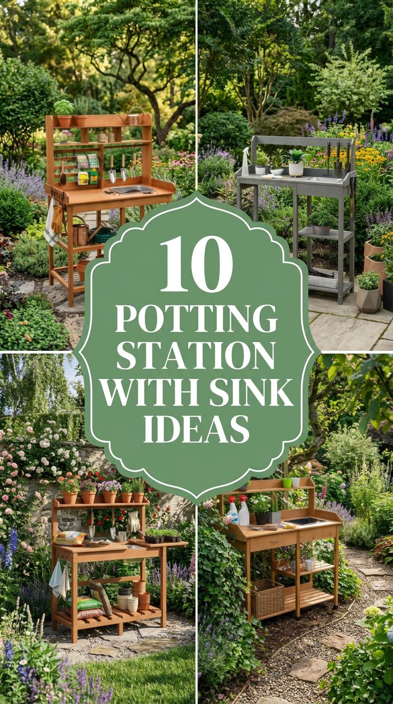 Pinterest banner for 10 Potting Station with Sink Ideas for a Stylish Garden Setup