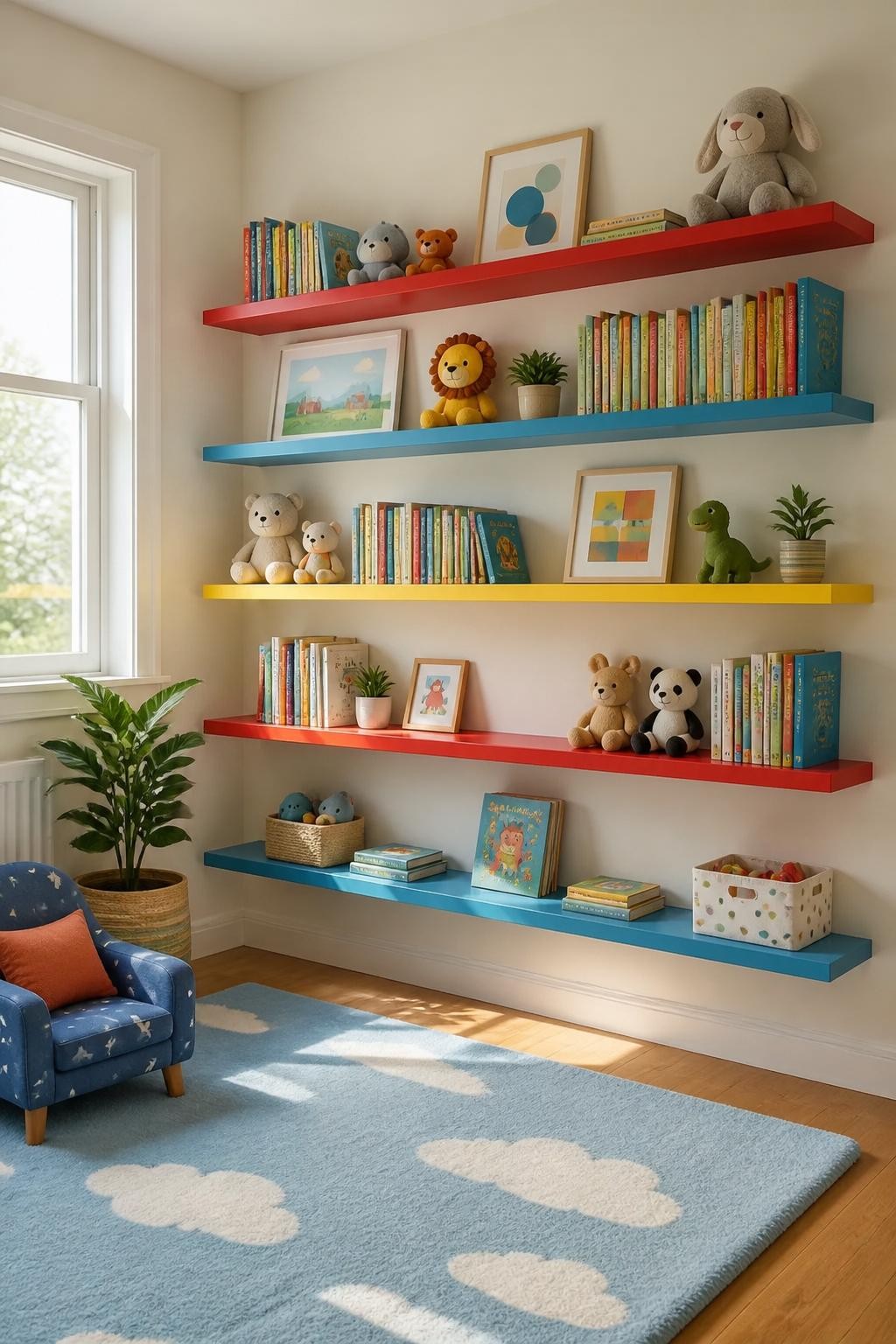 A lively and bright kids’ playroom wall showcasing long, straight floating shelves in bold primary colors—red, blue, and yellow.