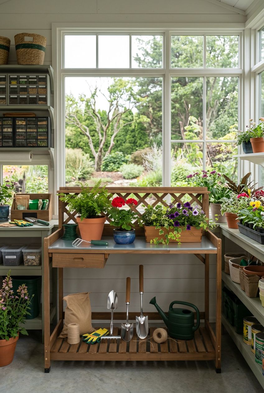 Use the uploaded Ketive Garden Potting Bench with Metal Tabletop exactly as the reference product, displaying its lattice back panel, single.