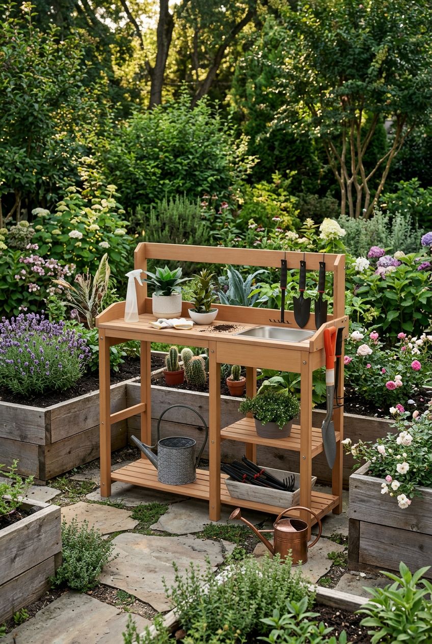 Use the uploaded Psilvam Outdoor Potting Bench with Sink exactly as the reference product, preserving its honey-toned wood, built-in metal s.
