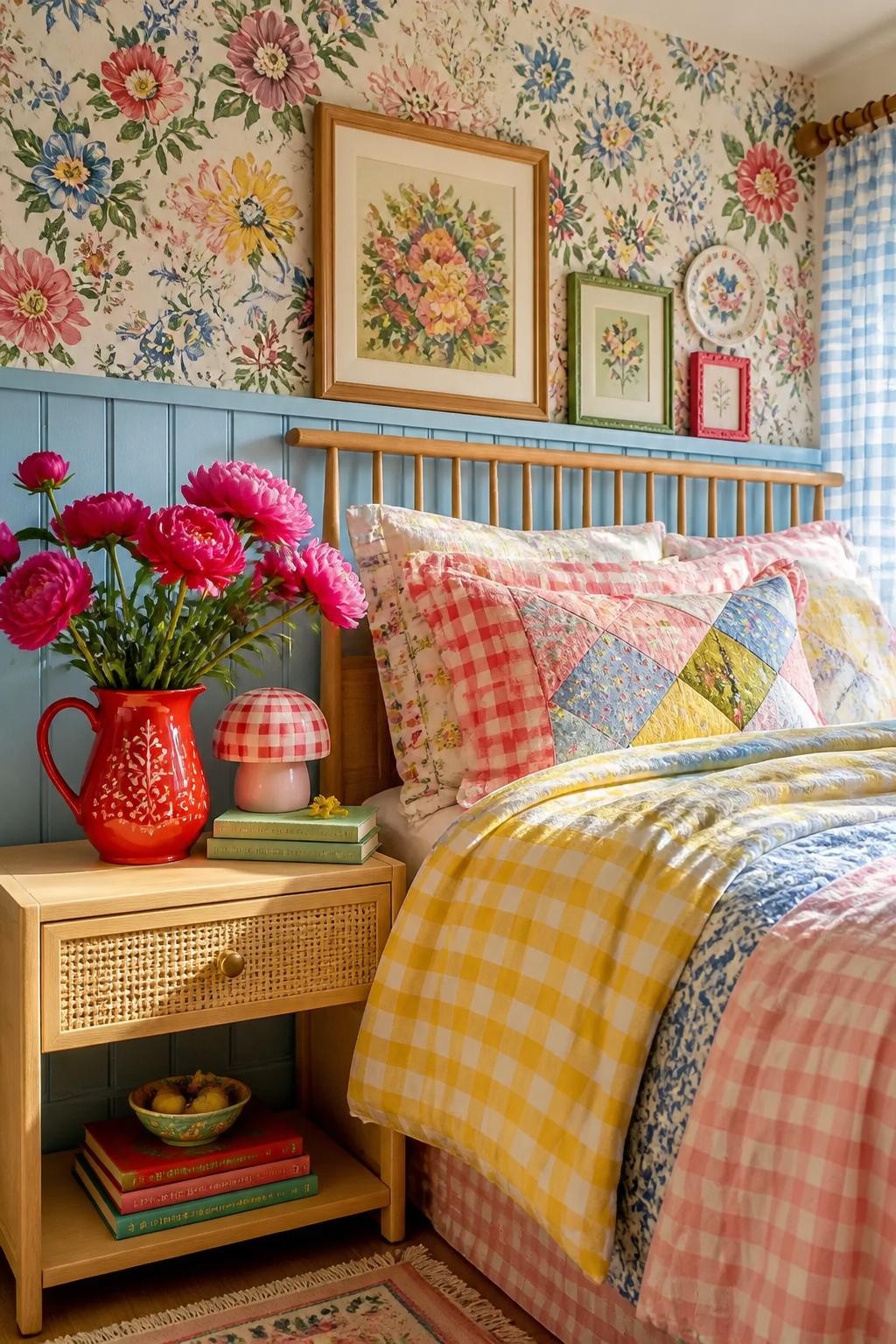 Create a playful cottagecore-inspired bedroom scene that mixes bold floral wallpaper and pale blue shiplap paneling.