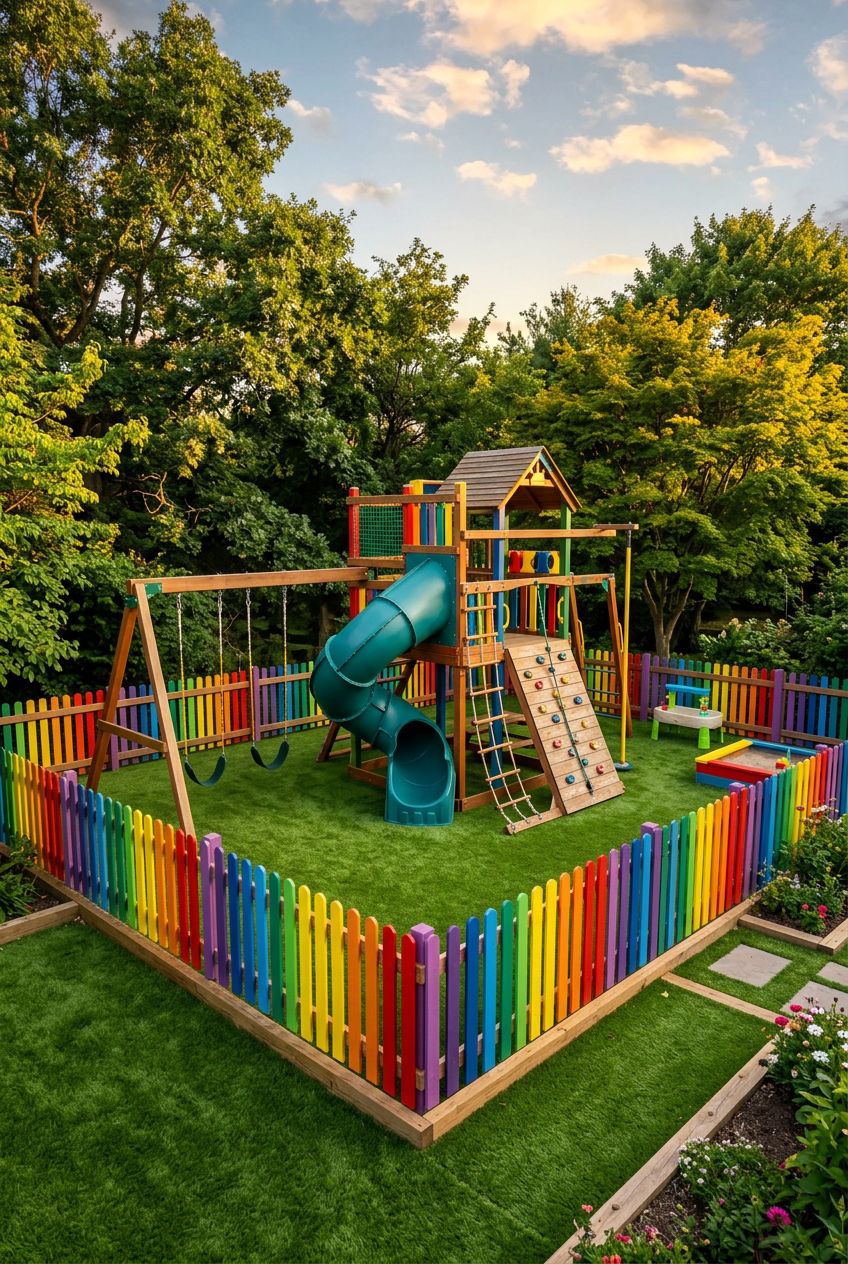 Depict a whimsical backyard play area encircled by a vibrant, rainbow-colored picket fence, enclosing a modern playground structure with a t.