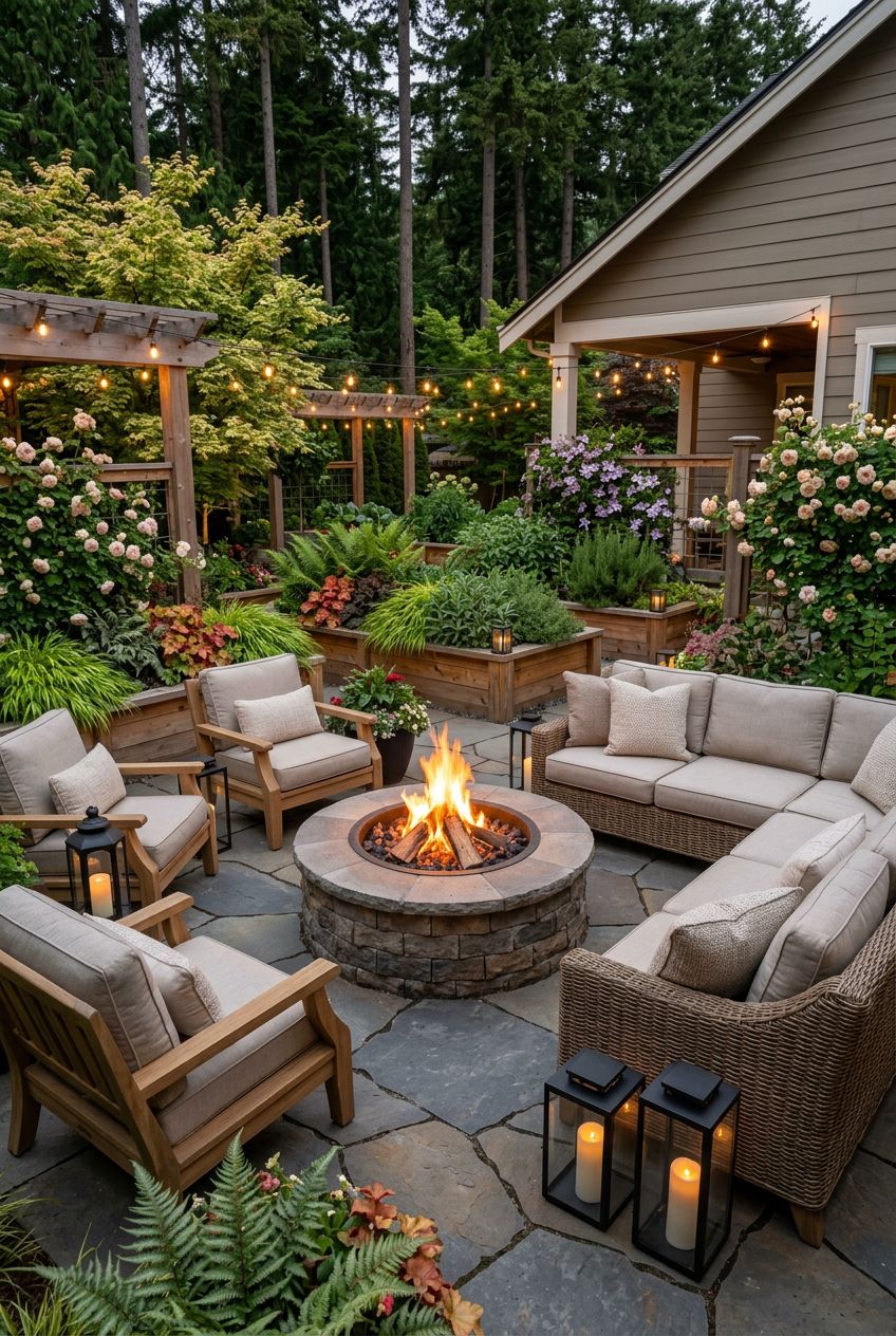 An inviting patio where a stone fire pit becomes the anchor point amid natural stone pavers and raised wooden garden beds teeming with leafy.
