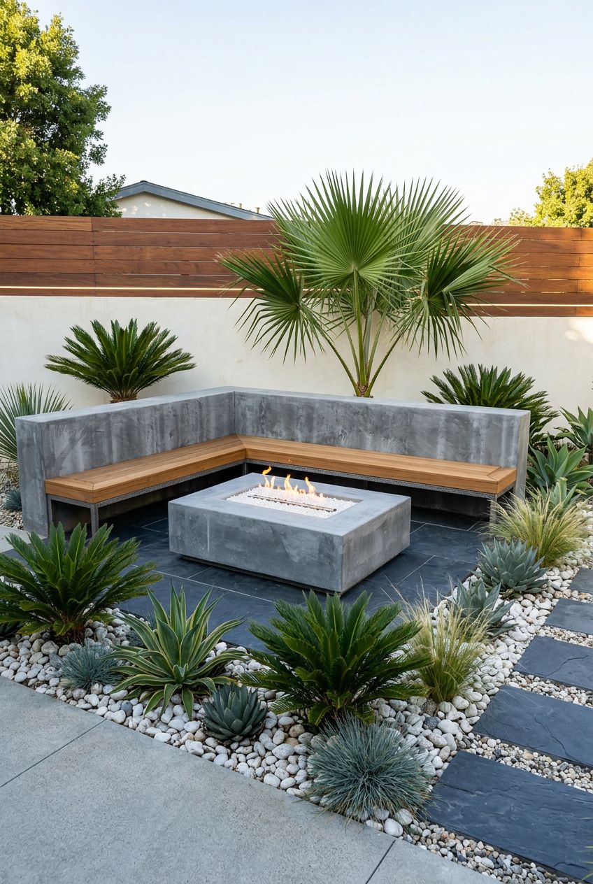 Exhibit a raw concrete modernist garden corner lounge with an L-shaped bench framed in cool gray, topped with warm wooden planks for seating.