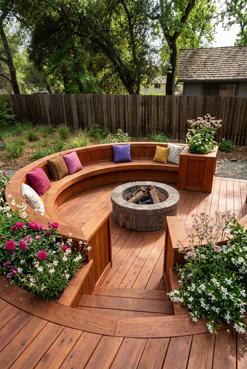 A striking backyard redwood deck features a large, circular built-in bench encircling a classic brick fire pit.