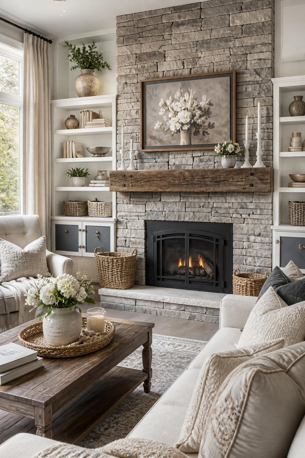 An elegant cottage-inspired living room highlighted by a stacked stone fireplace, featuring a reclaimed wood floating mantel.