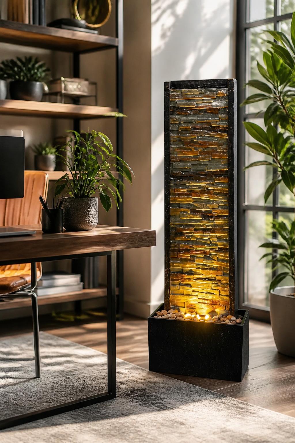 Use the uploaded ChengPin 38 Inch Staggered Stone Wall Waterfall Fountain exactly as the reference product, showing its rich layered stone f.