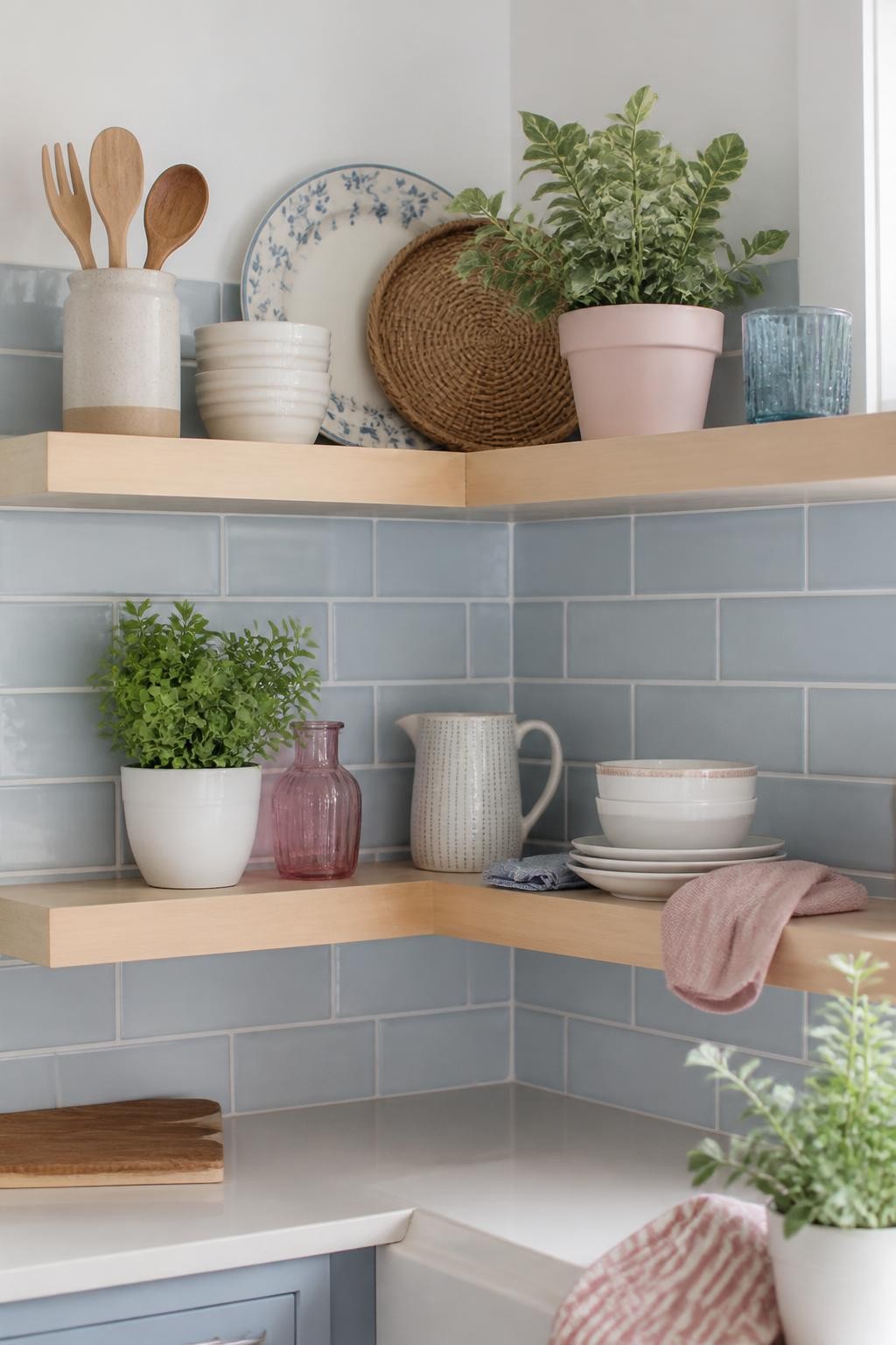 Charming Scandinavian-inspired kitchen corner adorned with light natural wood floating shelves against serene powder-blue subway tile walls.