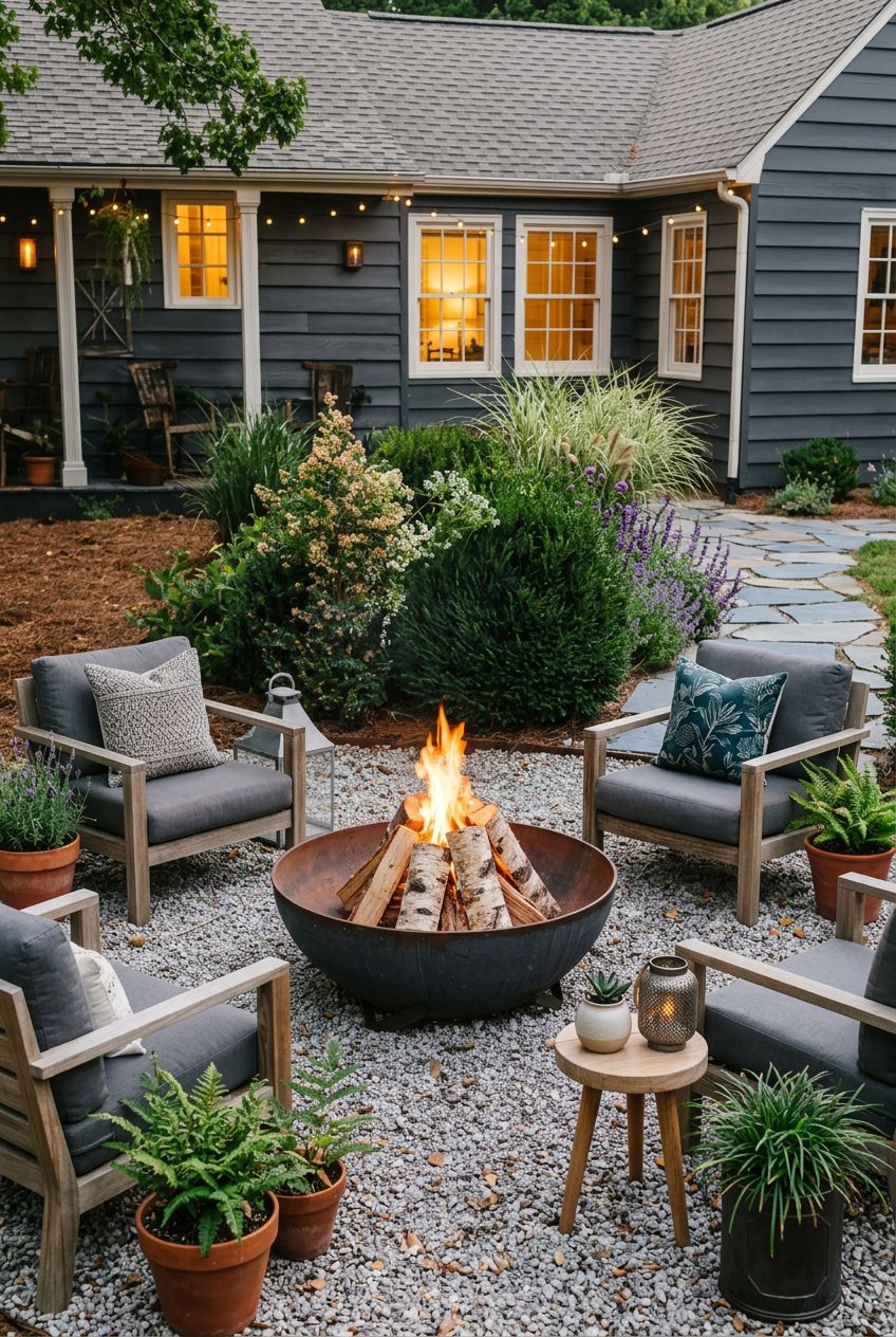 A relaxed and contemporary gravel fire pit nook is defined by a large, round metal fire bowl filled with rustic logs.