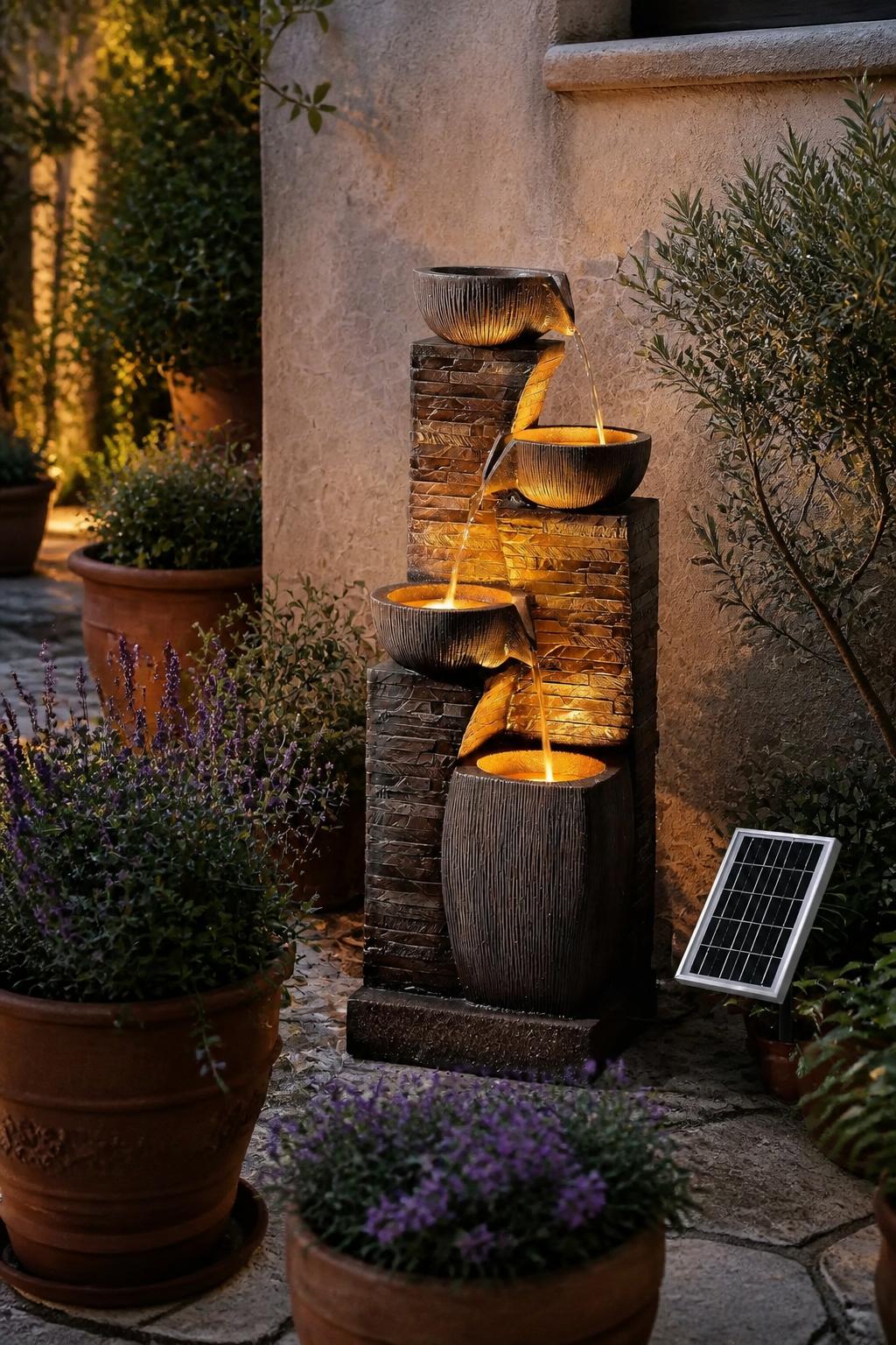 Use the uploaded 4-tier cascading bowl fountain exactly as the reference product, preserving its ribbed ceramic texture, gentle bowl shapes.