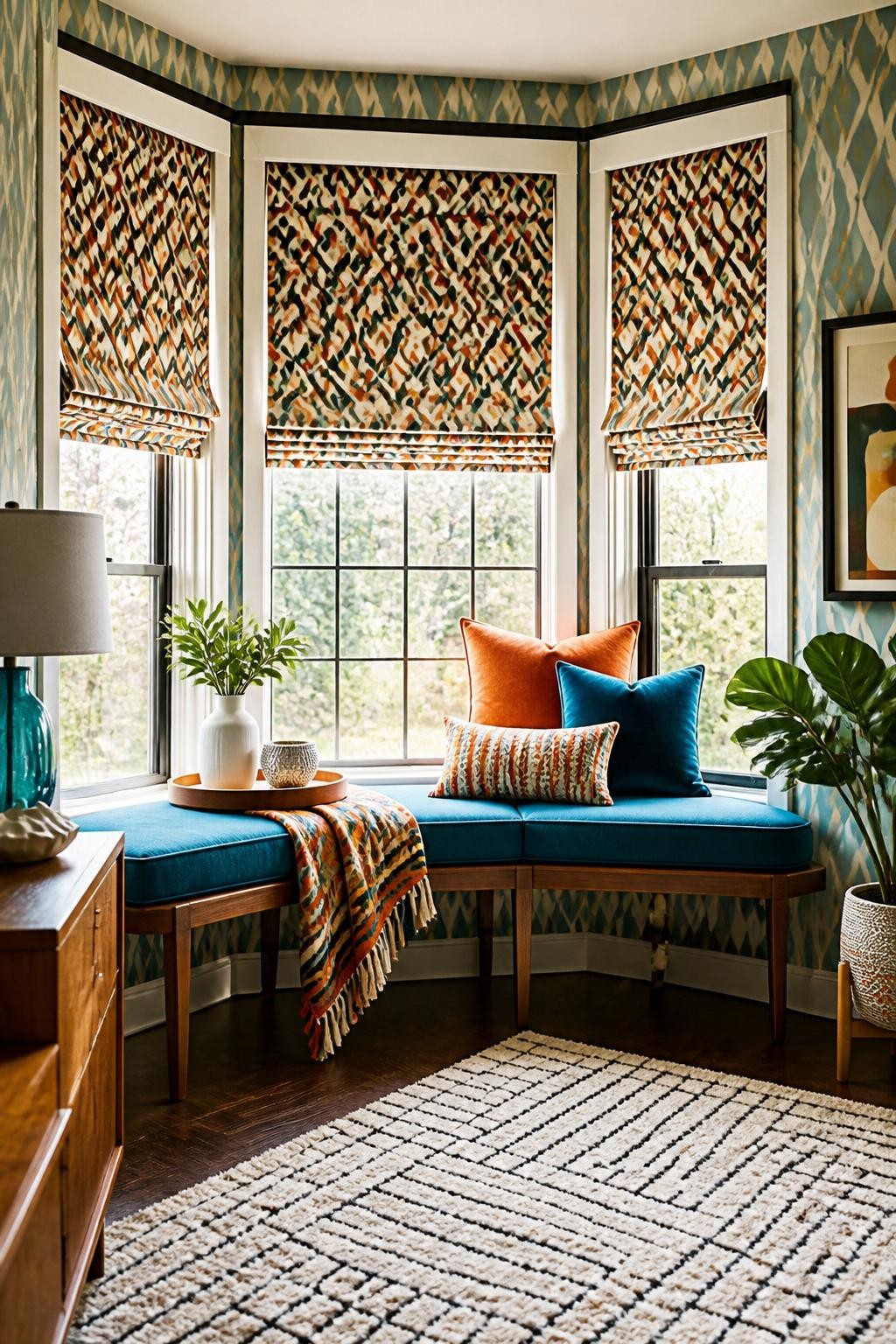 A retro-inspired bay window corner with roman shades covered in an artistic geometric print, forming the focal point of the space.